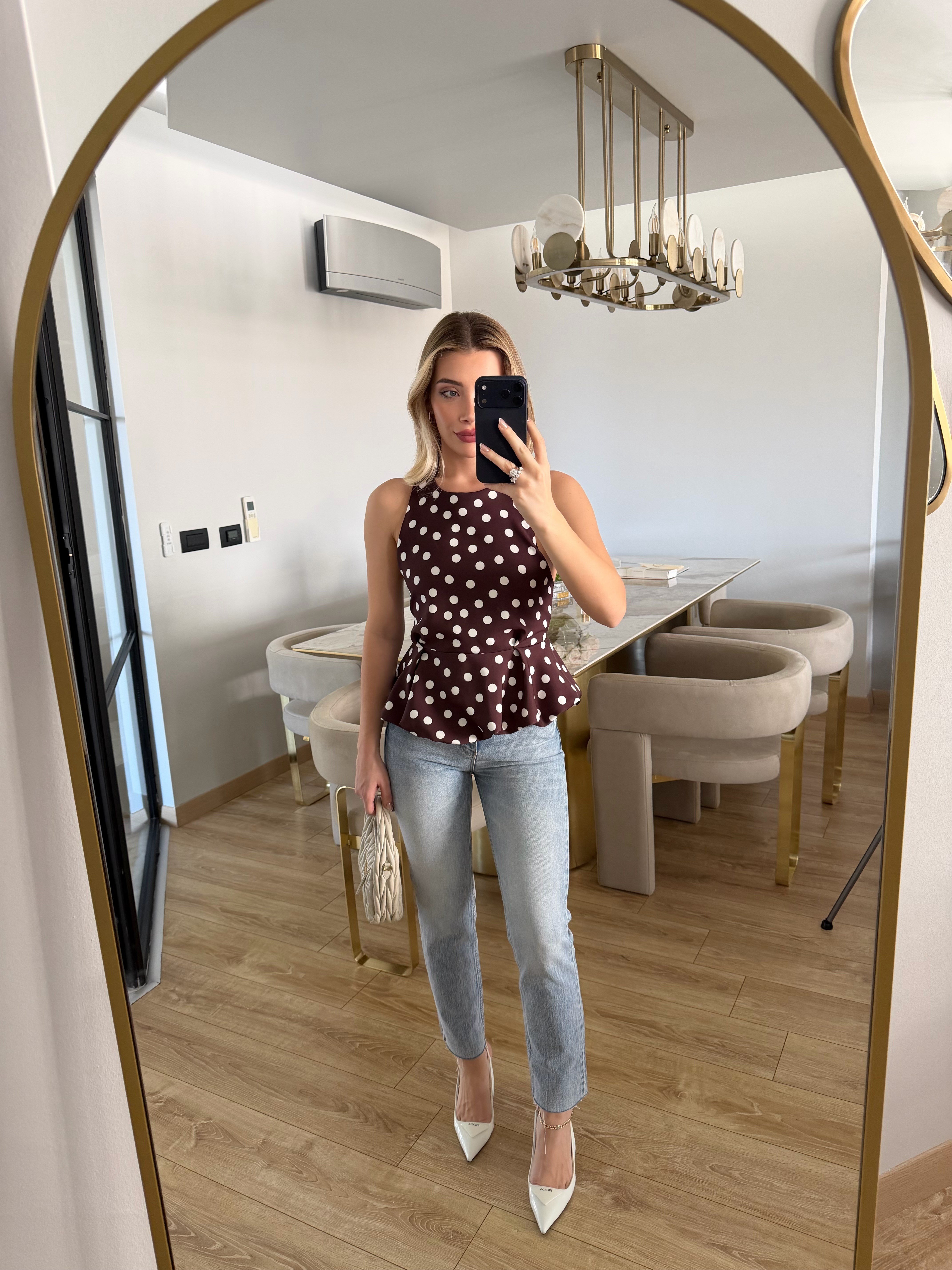 Kahverengi  Puantiyeli Balon Bluz-4169