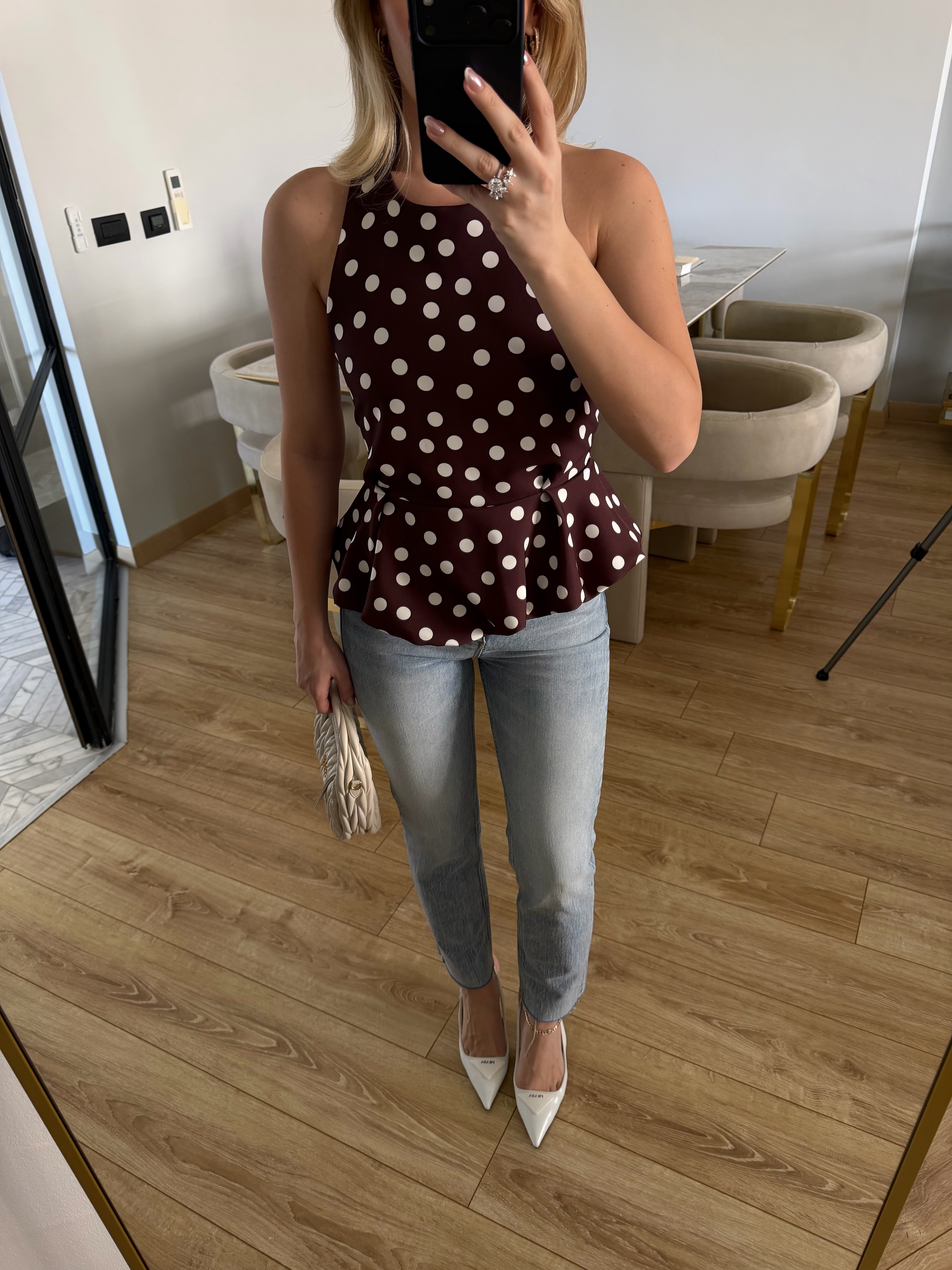 Kahverengi  Puantiyeli Balon Bluz-4169