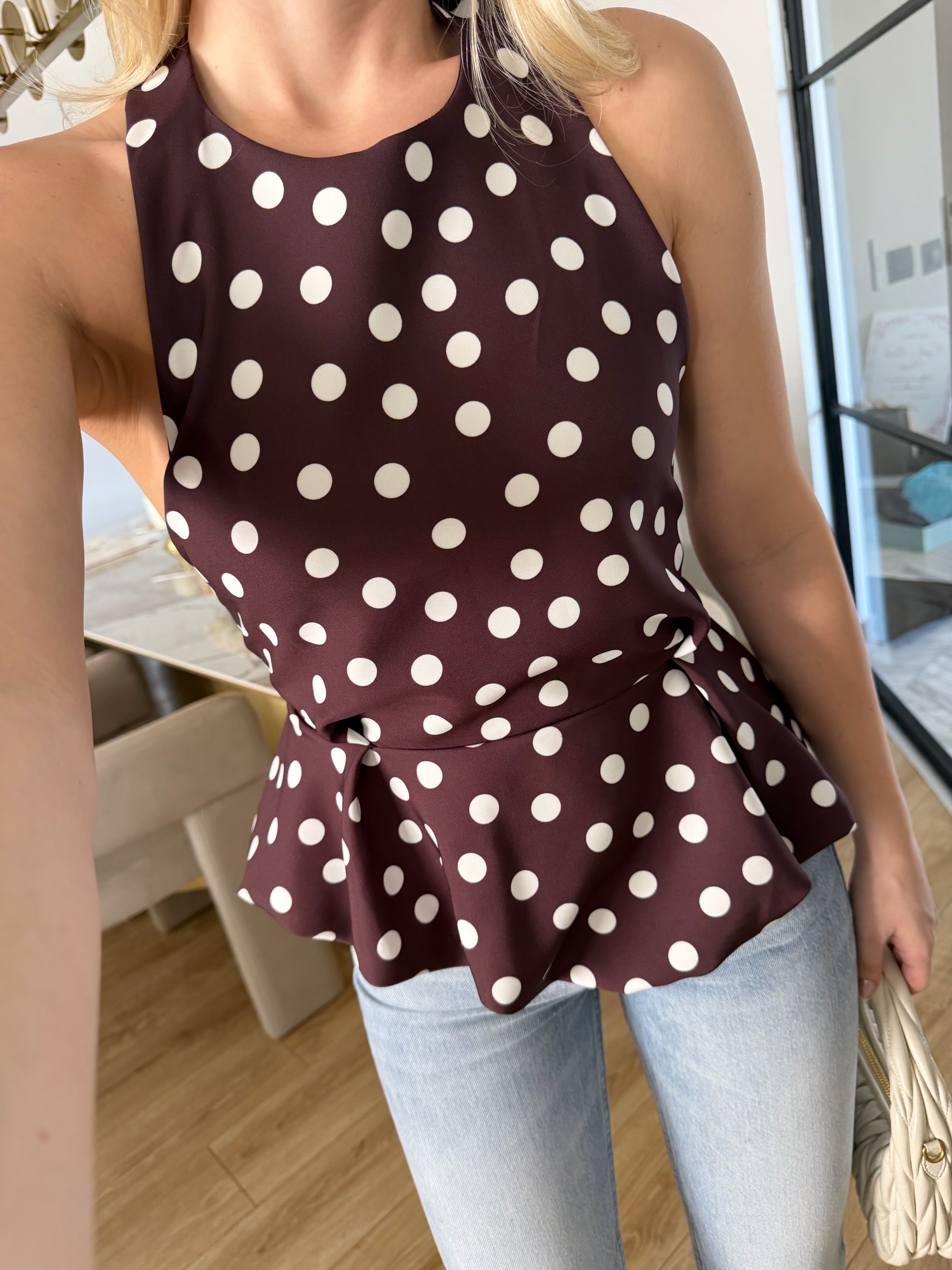 Kahverengi  Puantiyeli Balon Bluz-4169