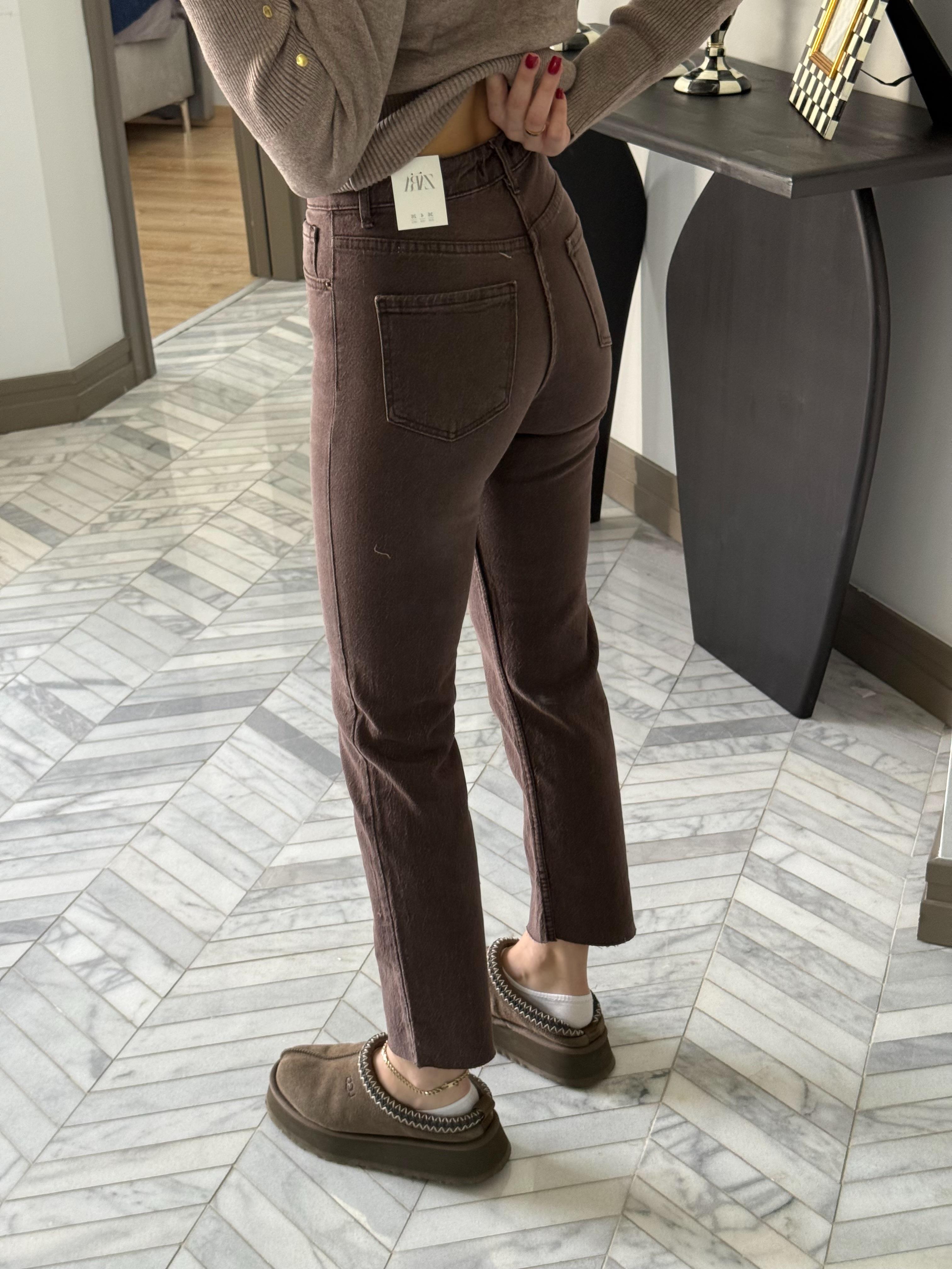 Kahverengi Retro Yıkamalı Kesik Paçalı Boyfit Jean 