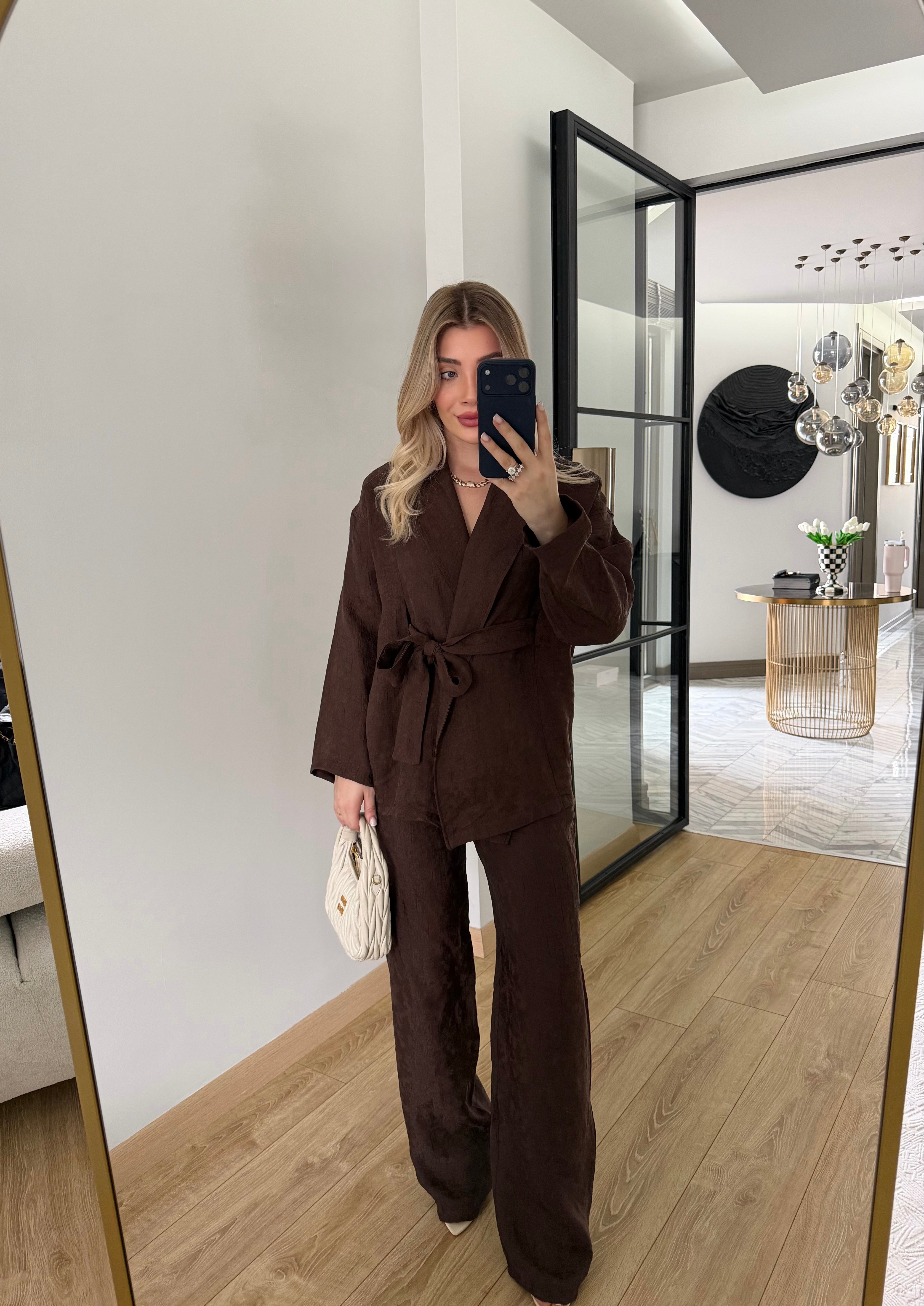 Kahverengi Şal Yaka Kimono Takım-51100
