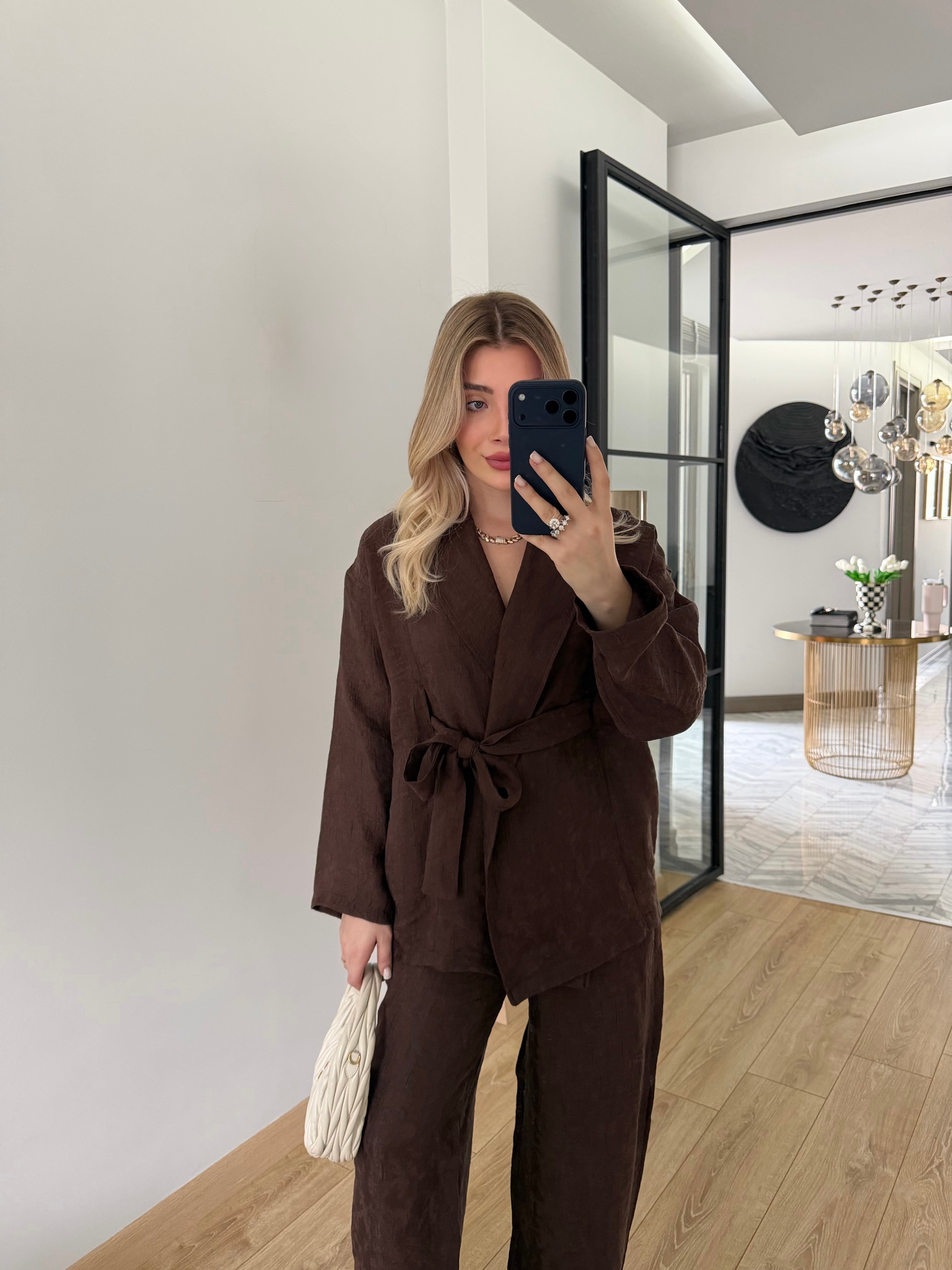 Kahverengi Şal Yaka Kimono Takım-51100
