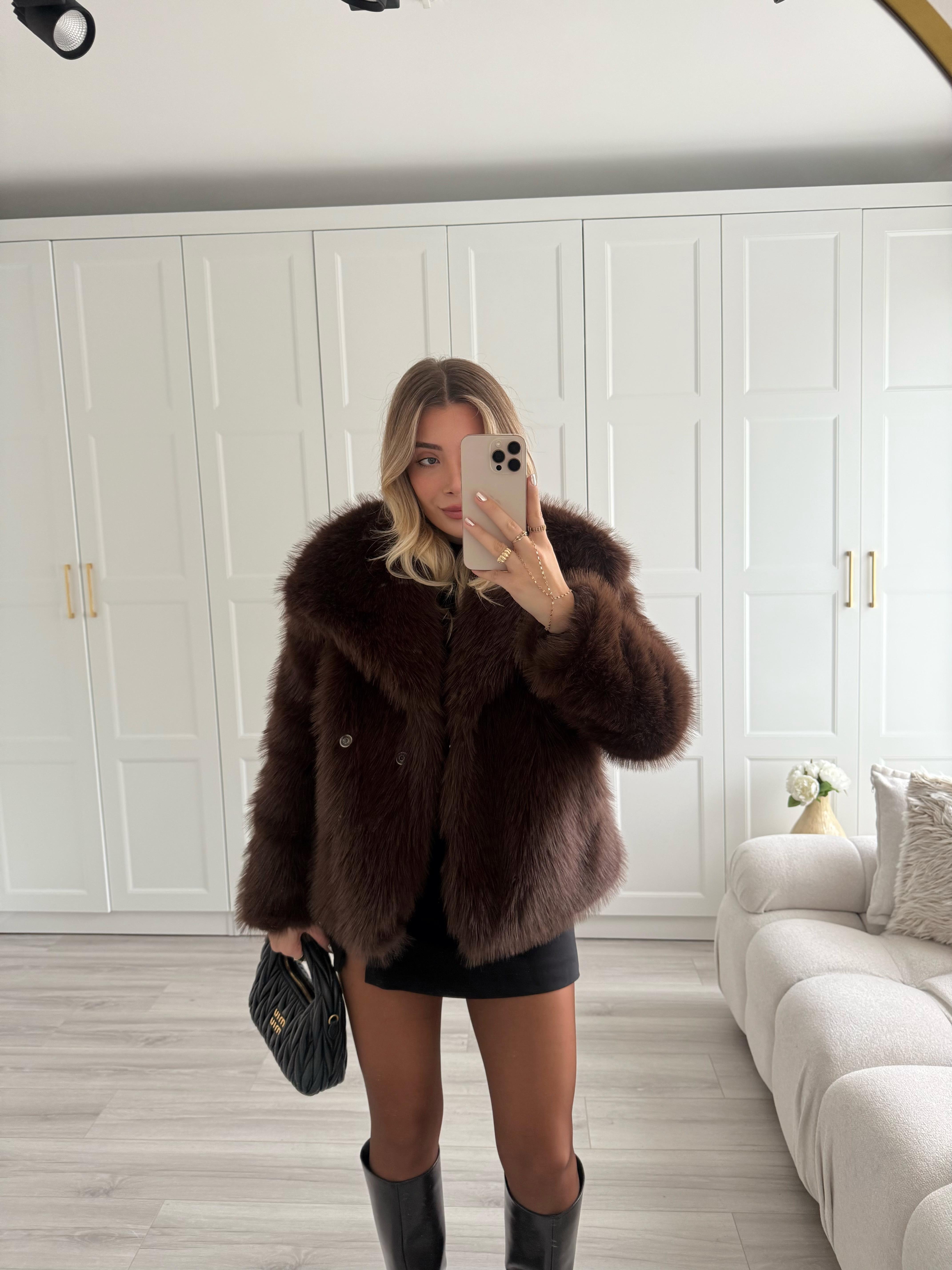 Kahverengi Şal Yakalı Premium Kürk