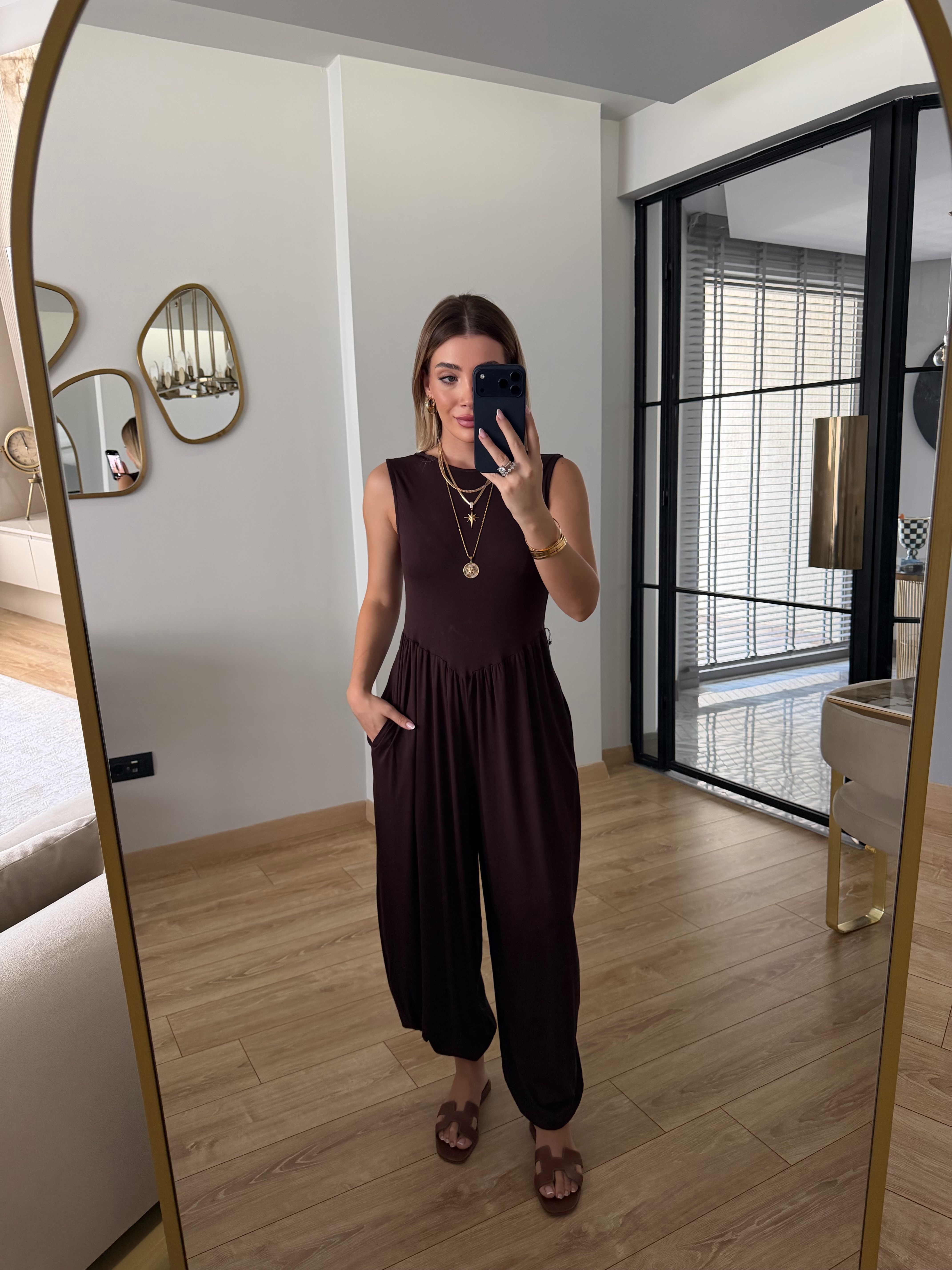 Kahverengi Sıfır Kol Modal Kumaş Tulum - 4144