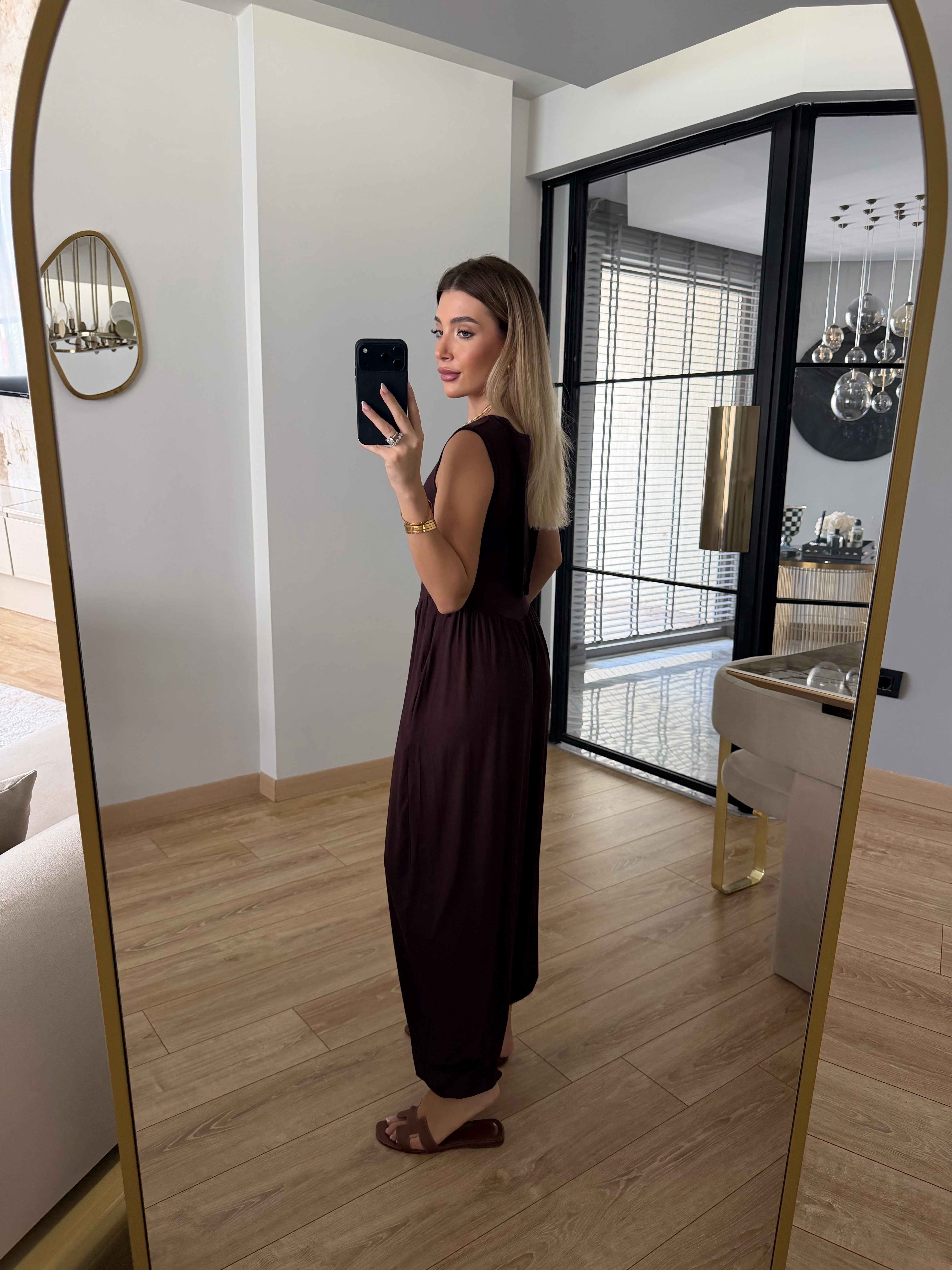 Kahverengi Sıfır Kol Modal Kumaş Tulum - 4144