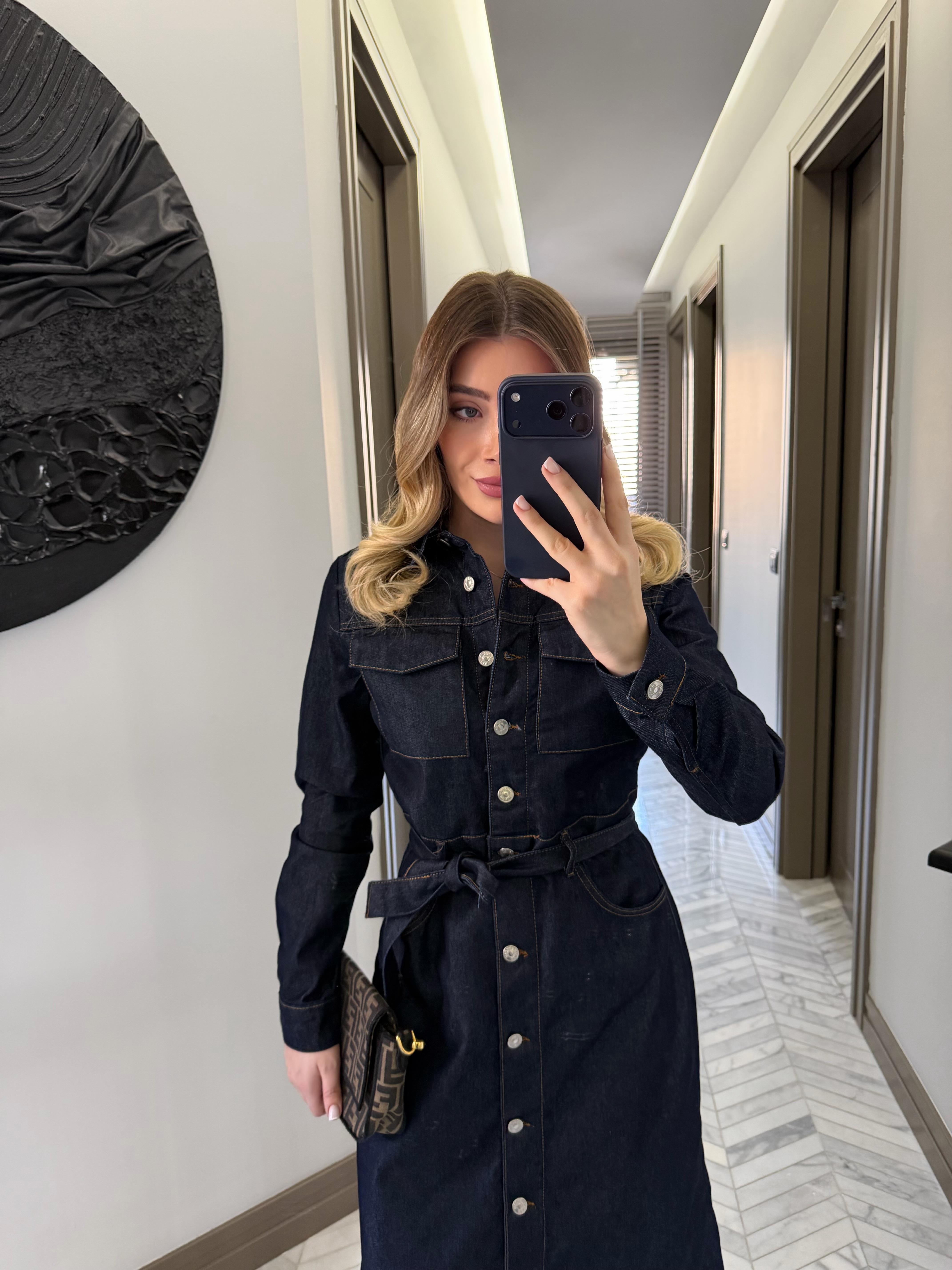 Rins Yıkama Kuşaklı Denim Elbise