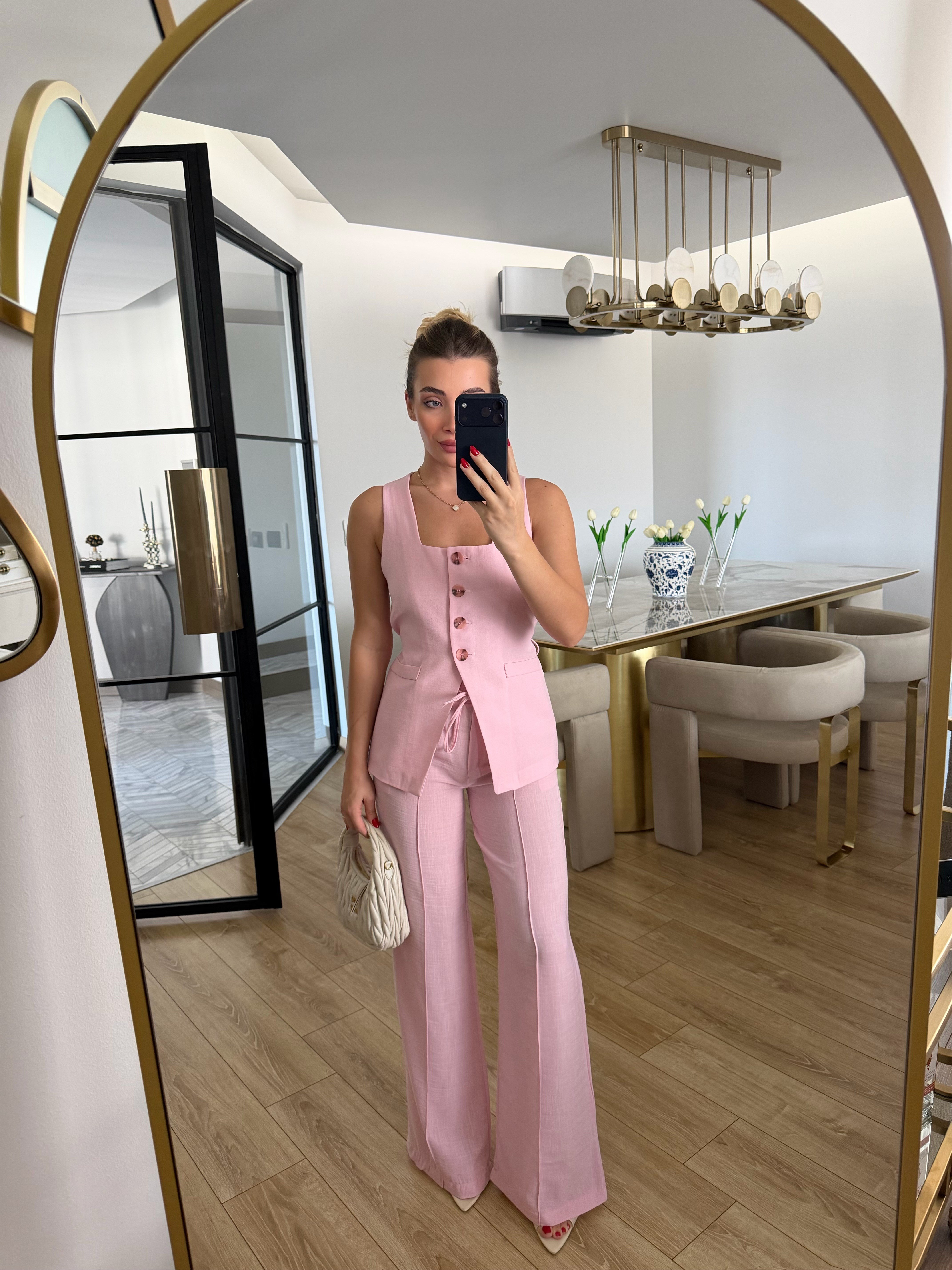 Kare Yaka Keten İkili Bari Takım - Pembe 