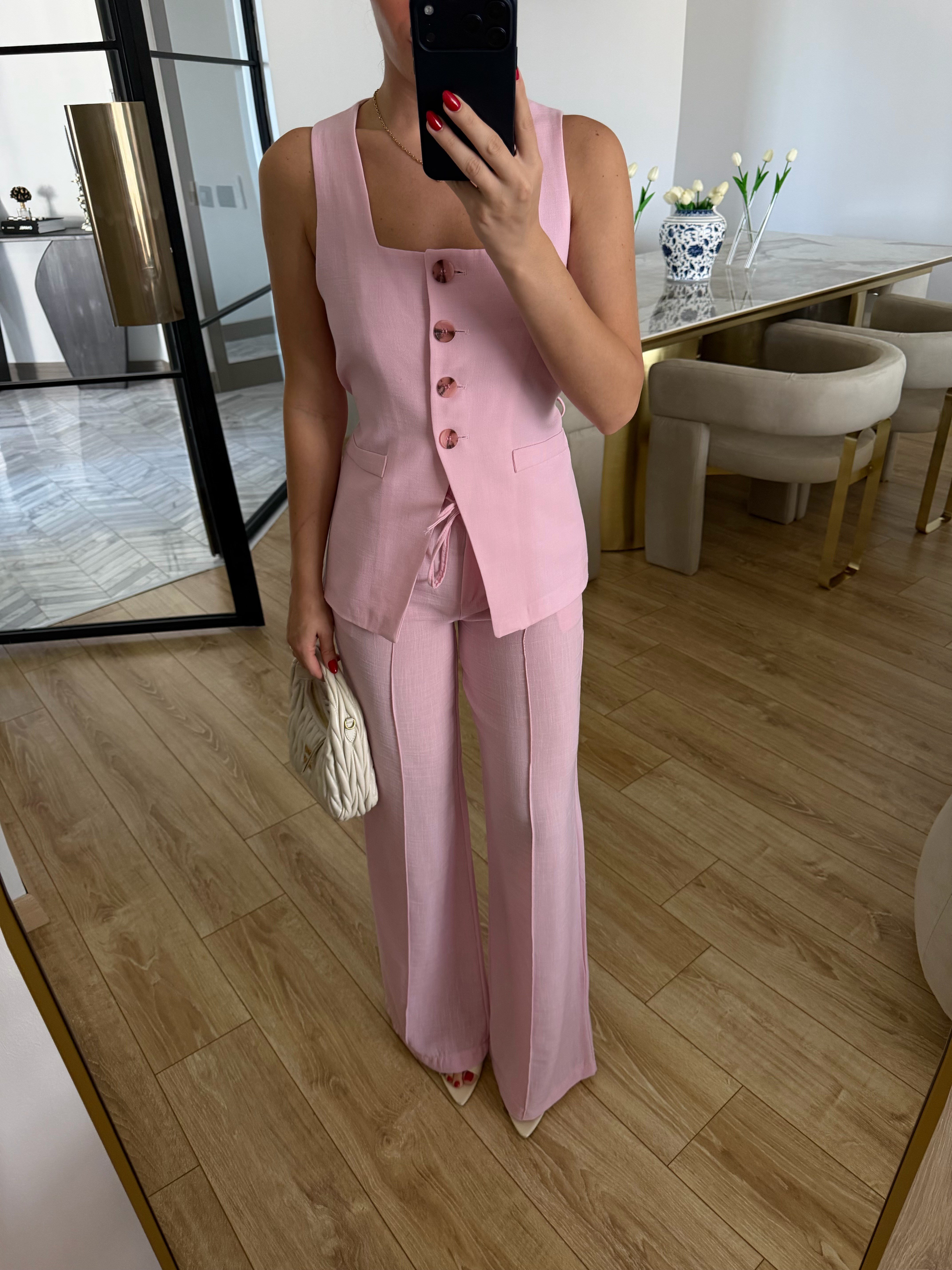 Kare Yaka Keten İkili Bari Takım - Pembe 