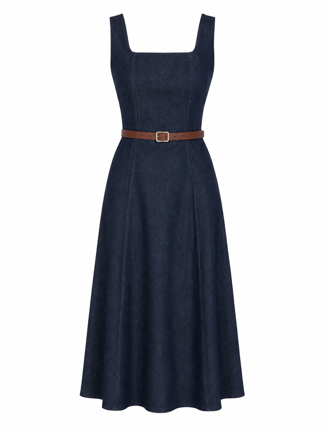 Kare Yakalı Kemerli Denim Elbise