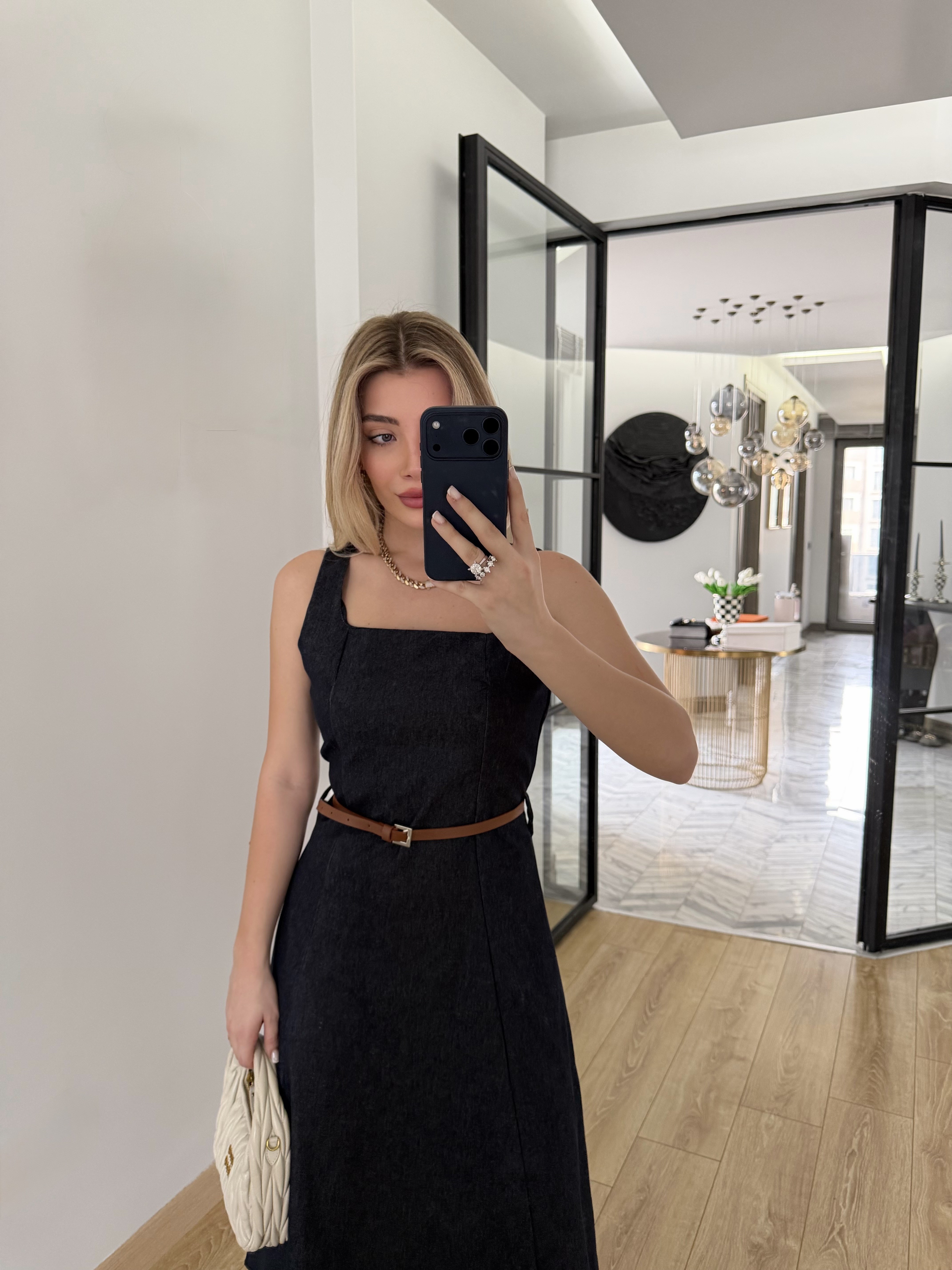 Kare Yakalı Kemerli Denim Elbise