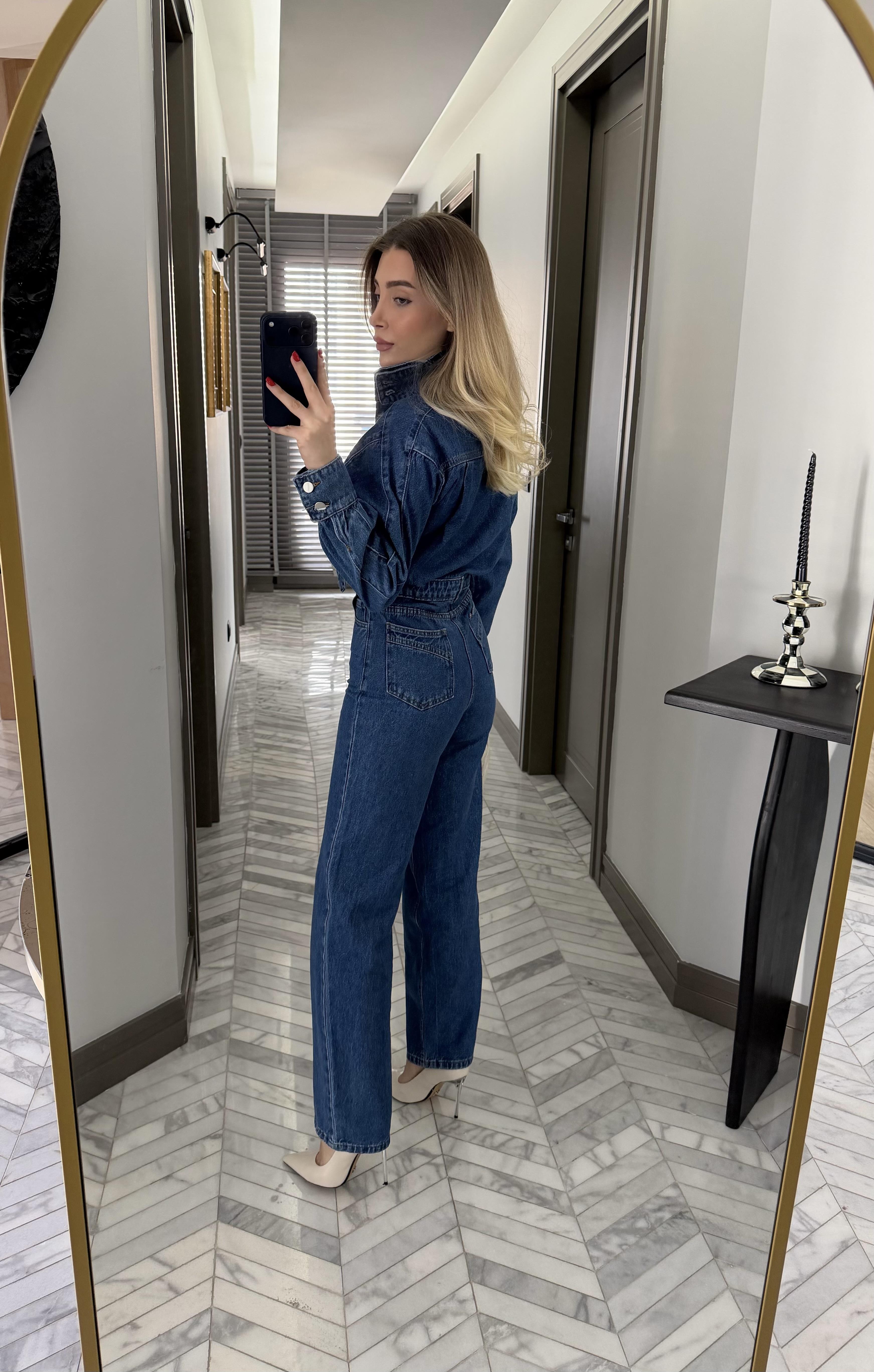 Kargo Cep Detaylı Boğaz Kuşaklı Denim Tulum-60107