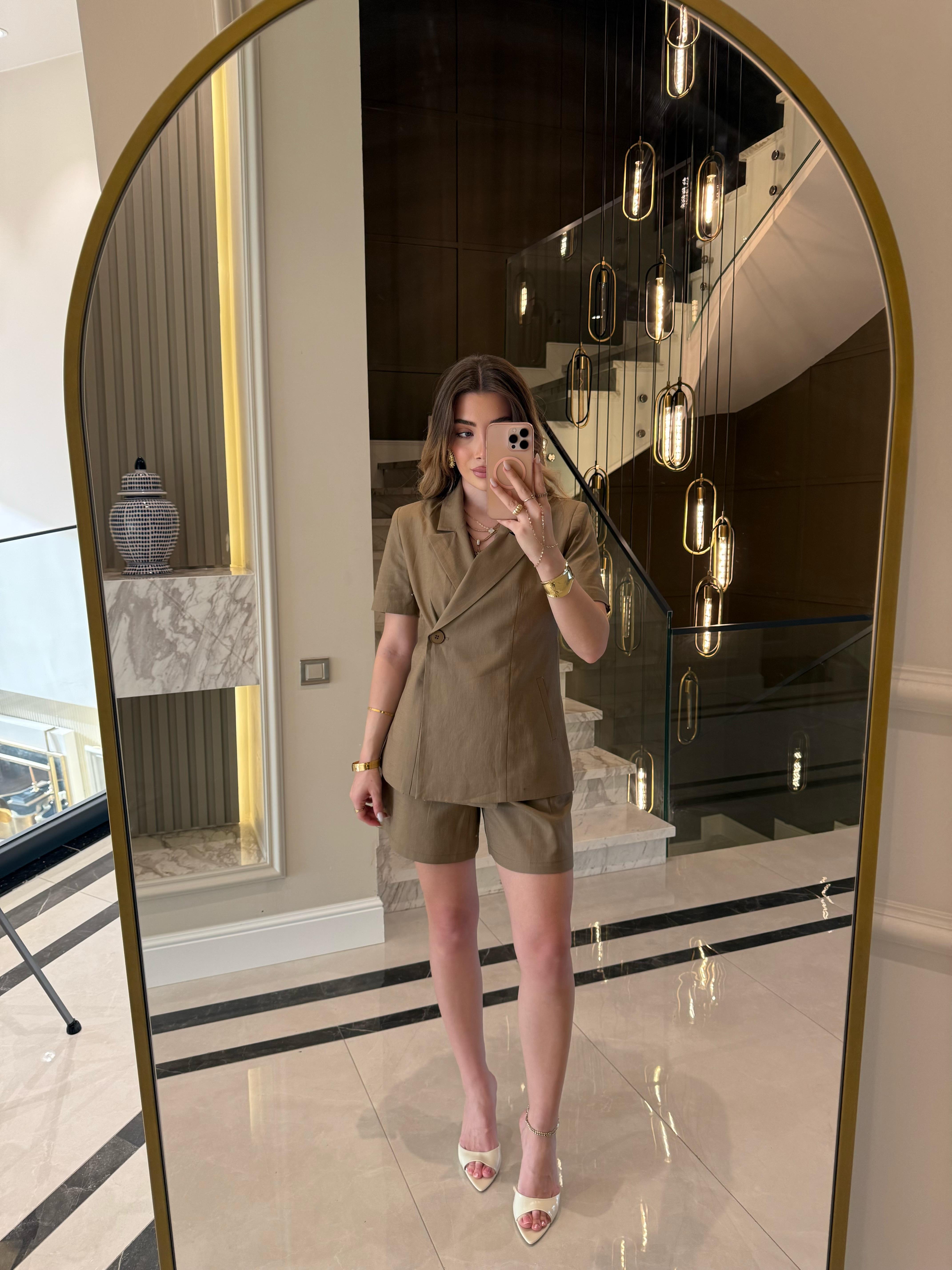 Keten Kısa Kol Blazer Ceket-Takım / Camel