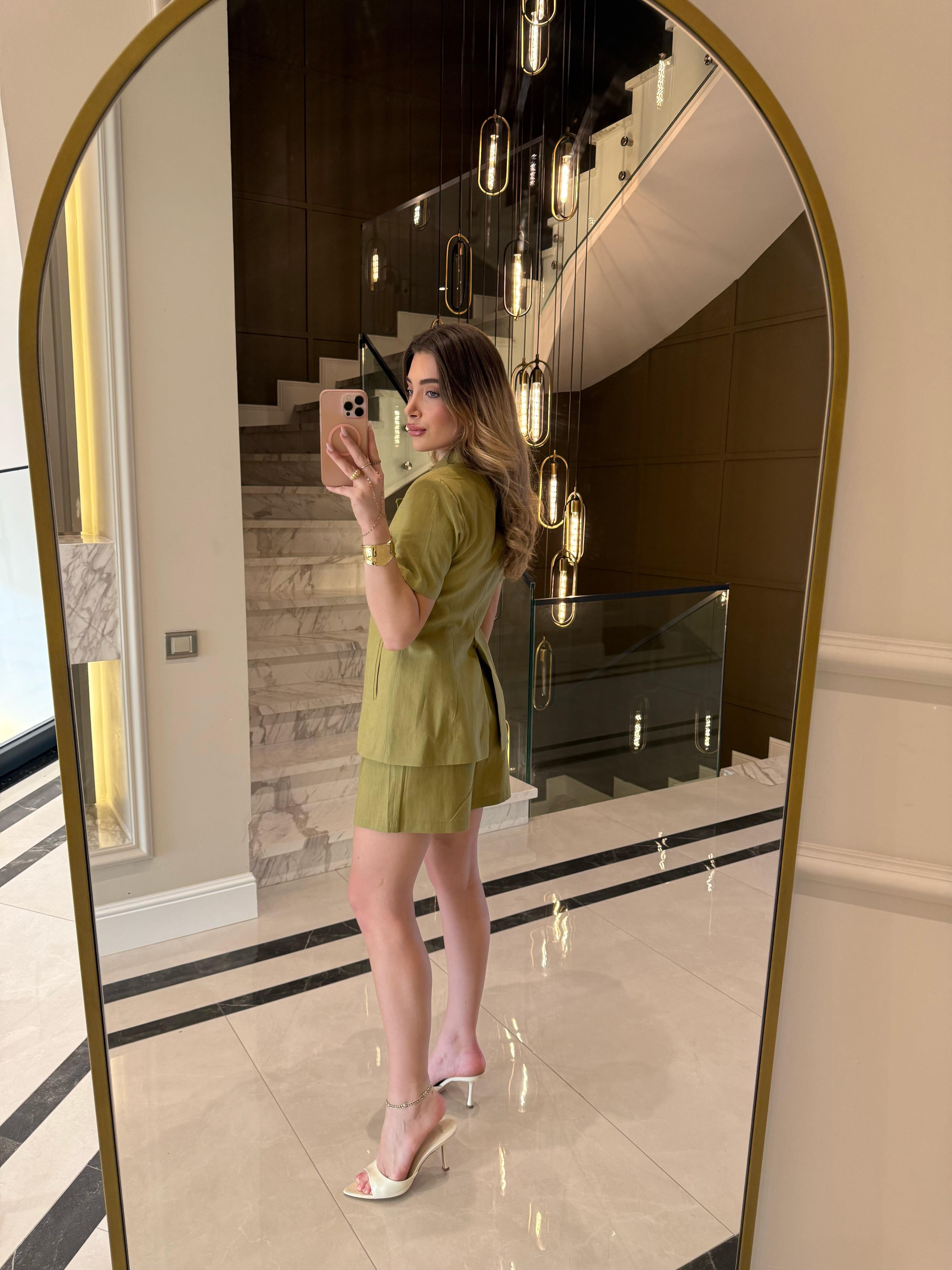Keten Kısa Kol Blazer Ceket-Takım / Olive