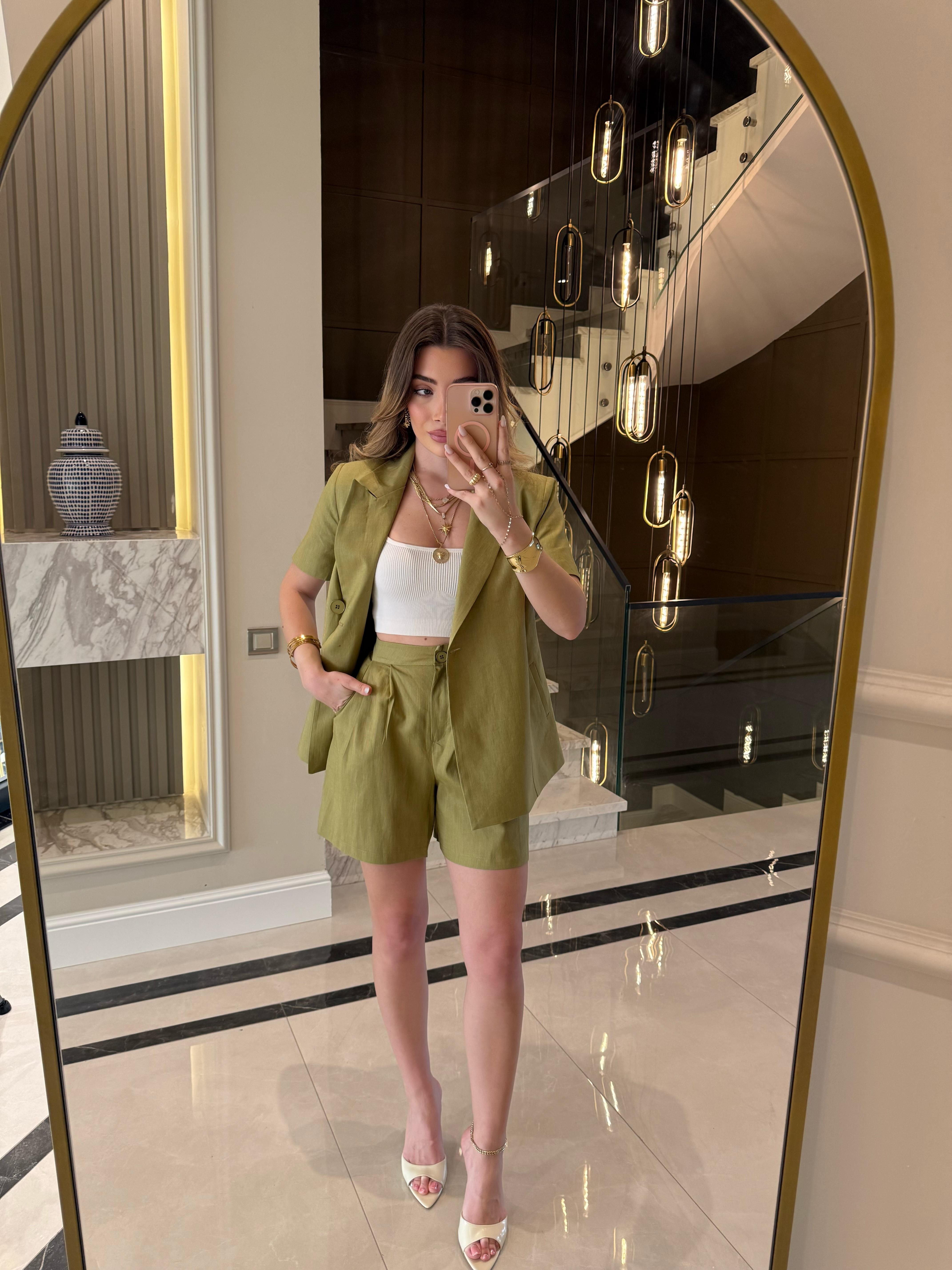 Keten Kısa Kol Blazer Ceket-Takım / Olive