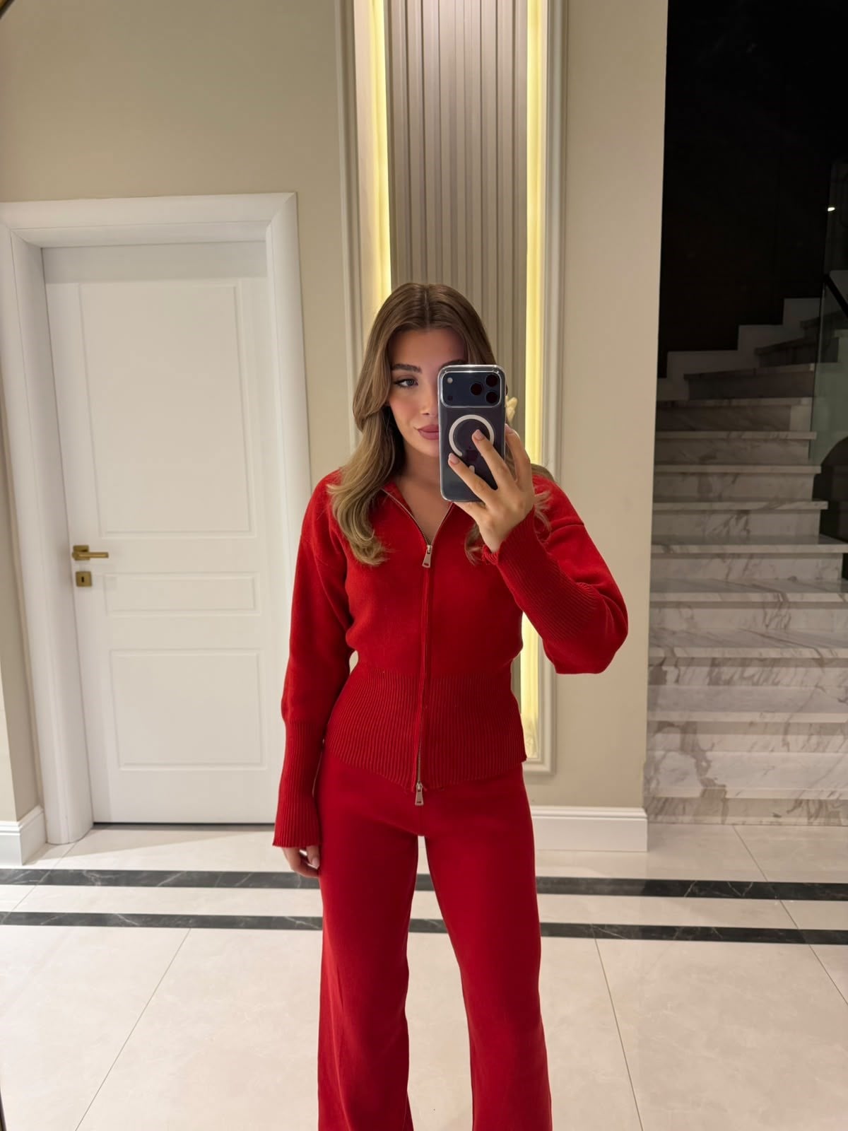 Kırmızı Fermuarlı İkili Triko Takım - 23277