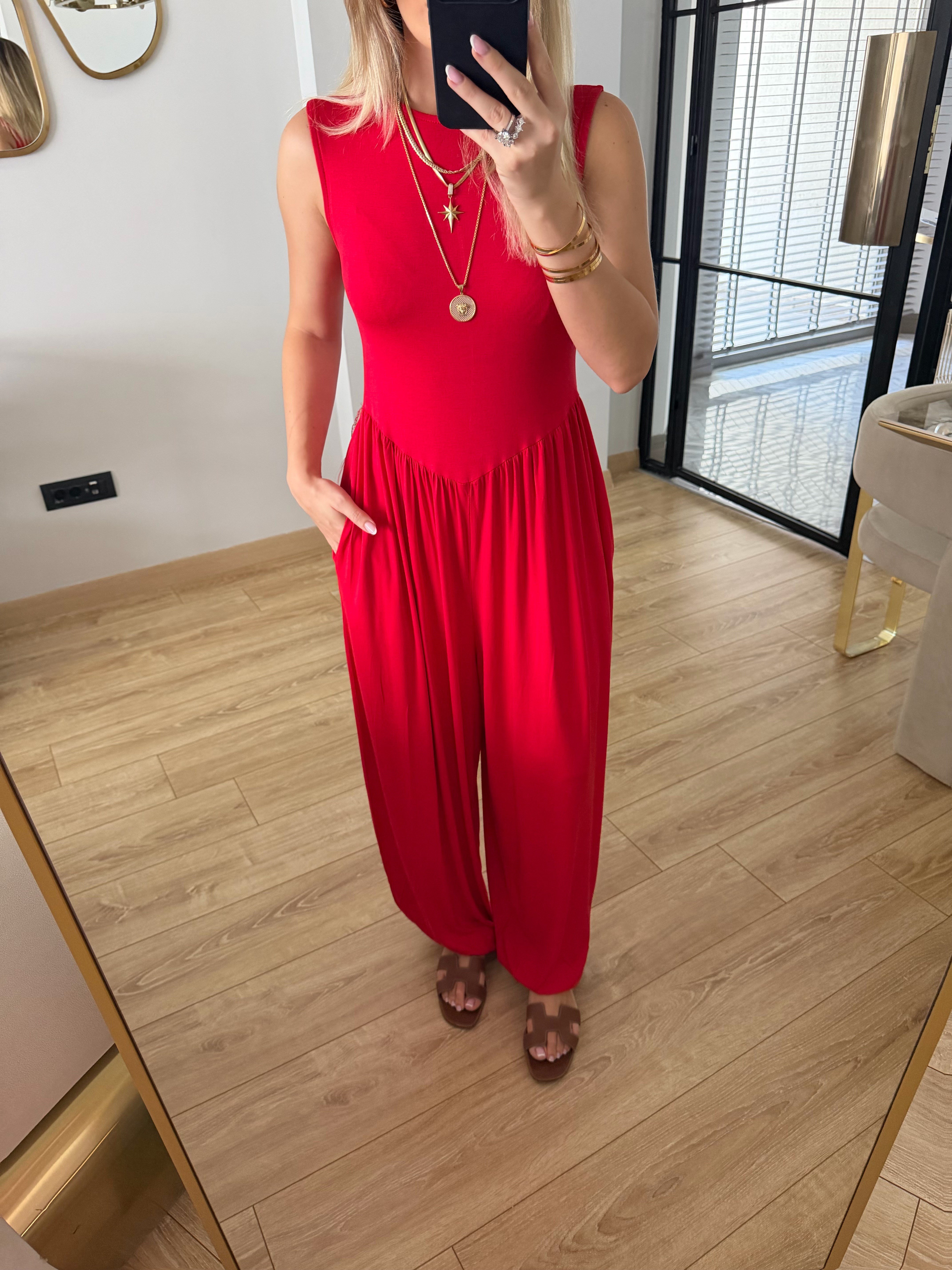 Kırmızı Sıfır Kol Modal Kumaş Tulum - 4144