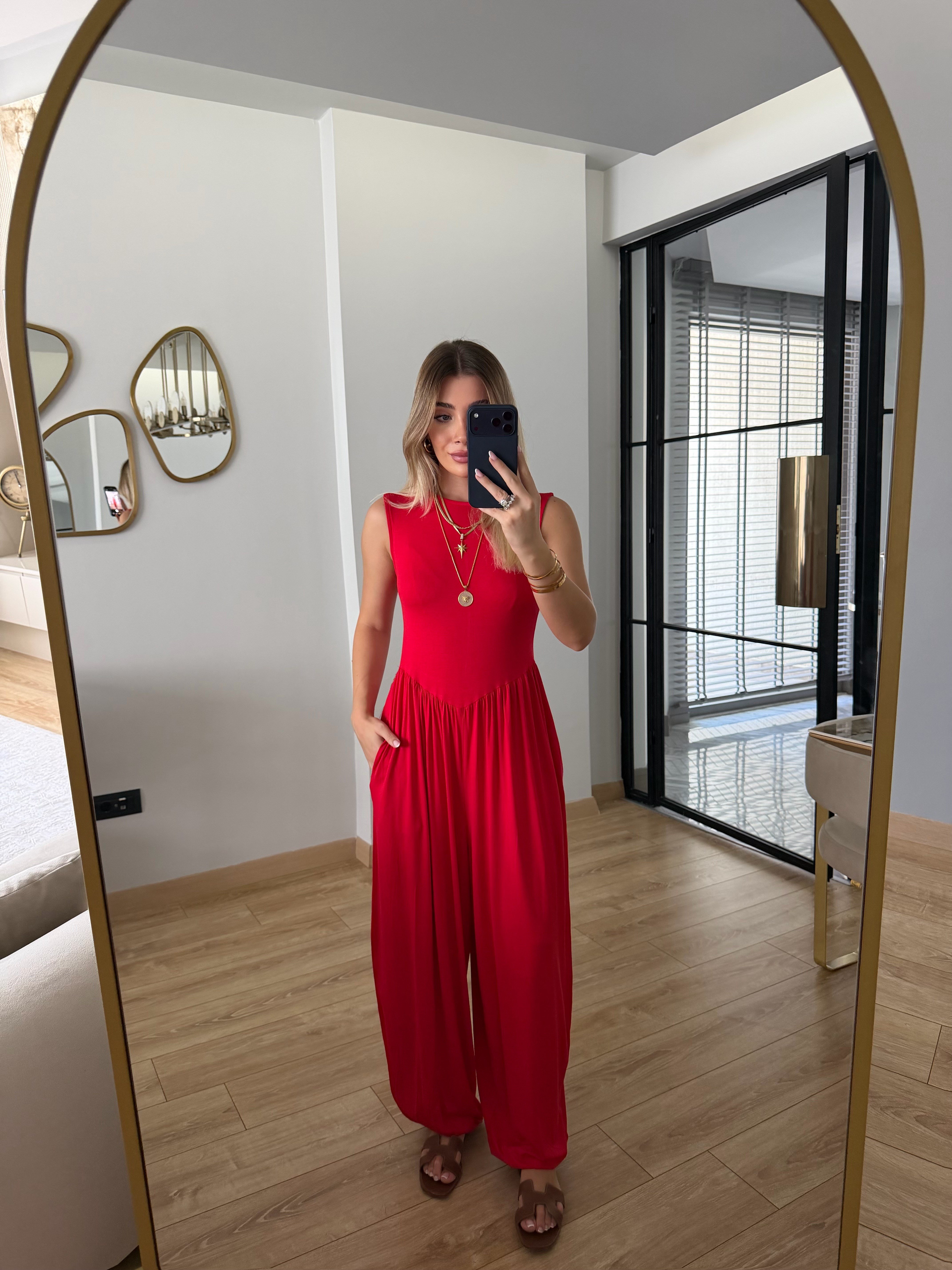 Kırmızı Sıfır Kol Modal Kumaş Tulum - 4144