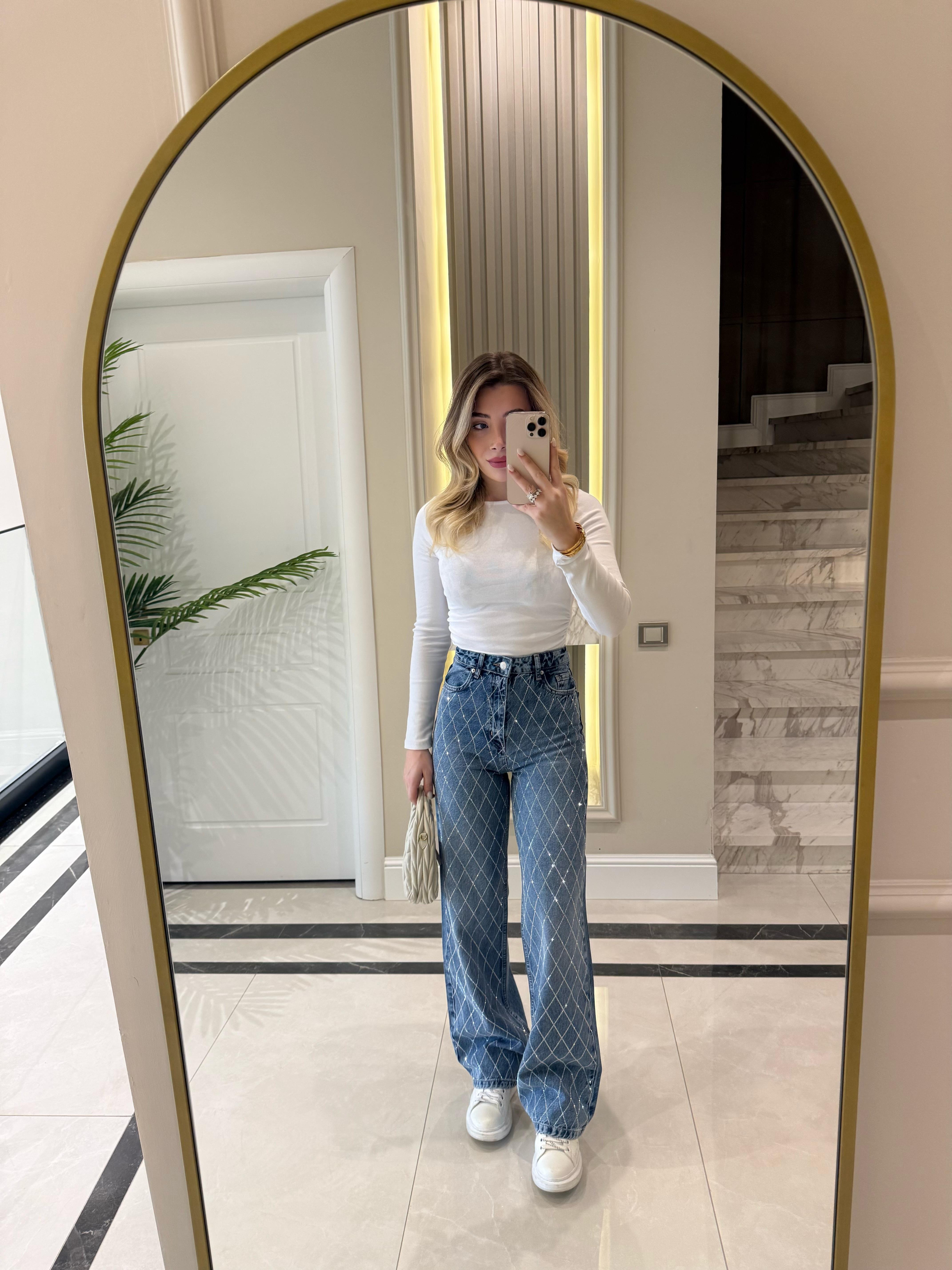 Koyu İndigo Baklava Desen Taşlı Wide Leg Jean