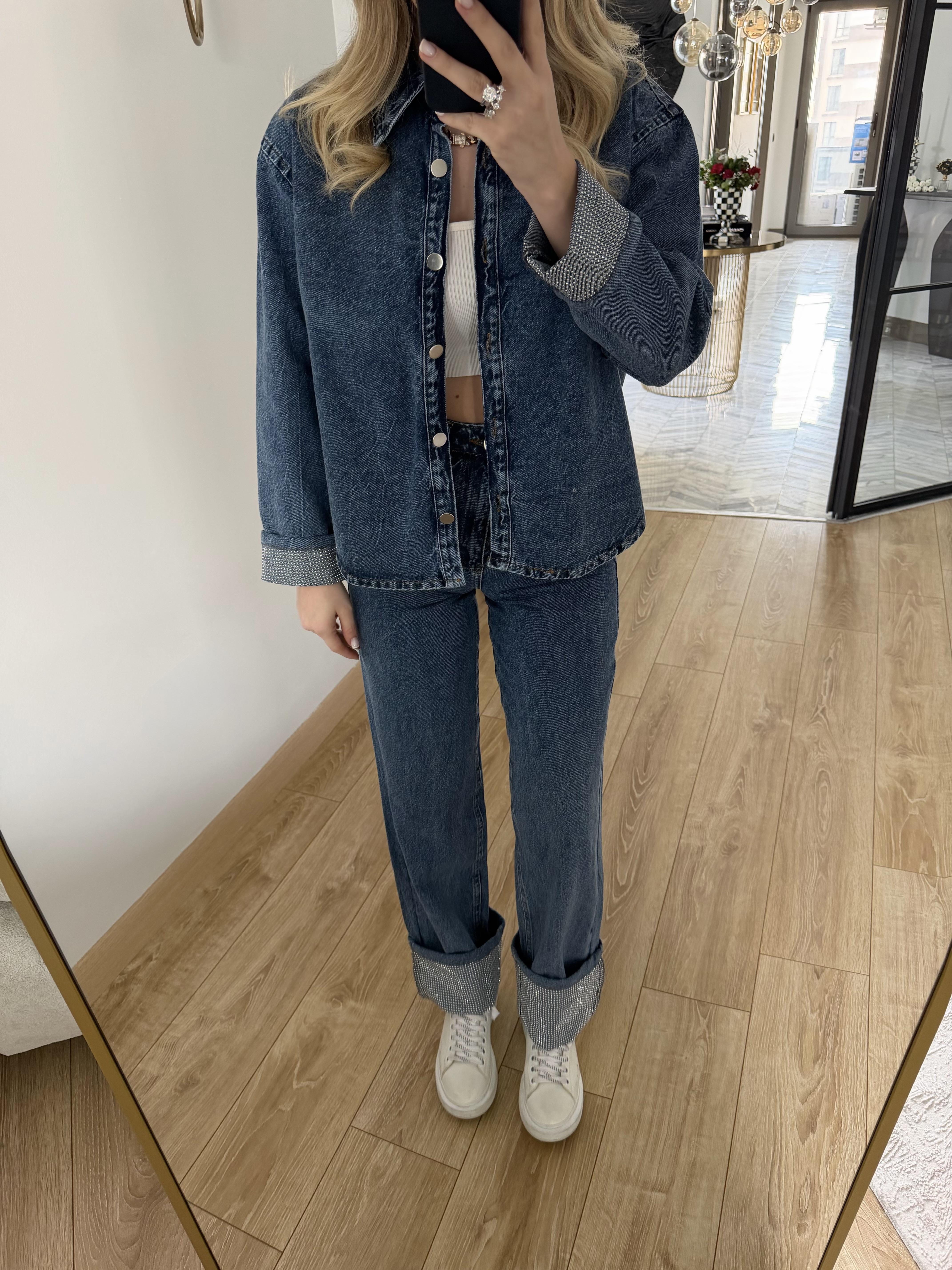 Koyu İndigo Paça Kıvırmalı Denim takım 0191