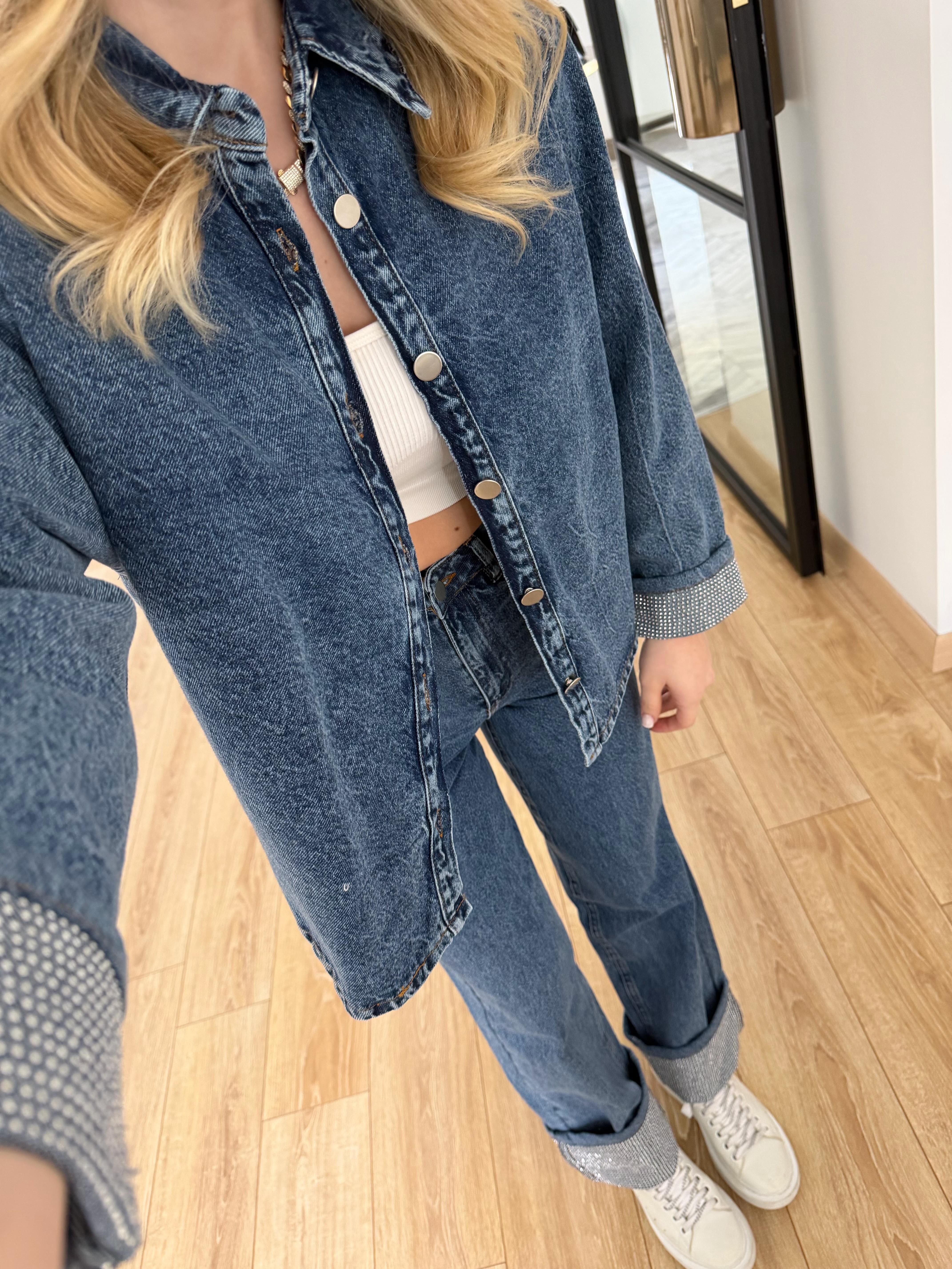 Koyu İndigo Paça Kıvırmalı Denim takım 0191