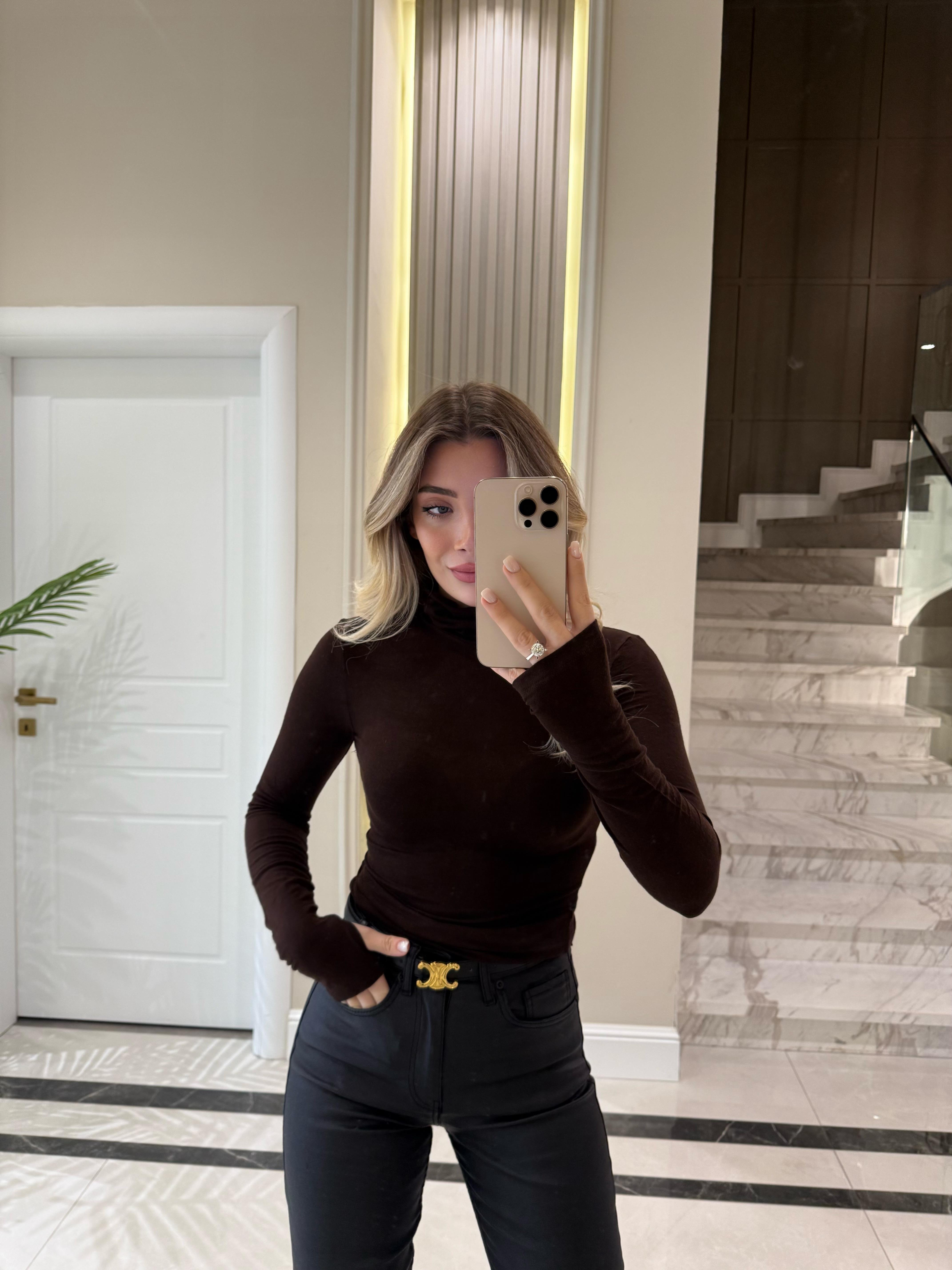 Koyu Kahve Balıkçı Yaka Uzun Kollu Top-32253