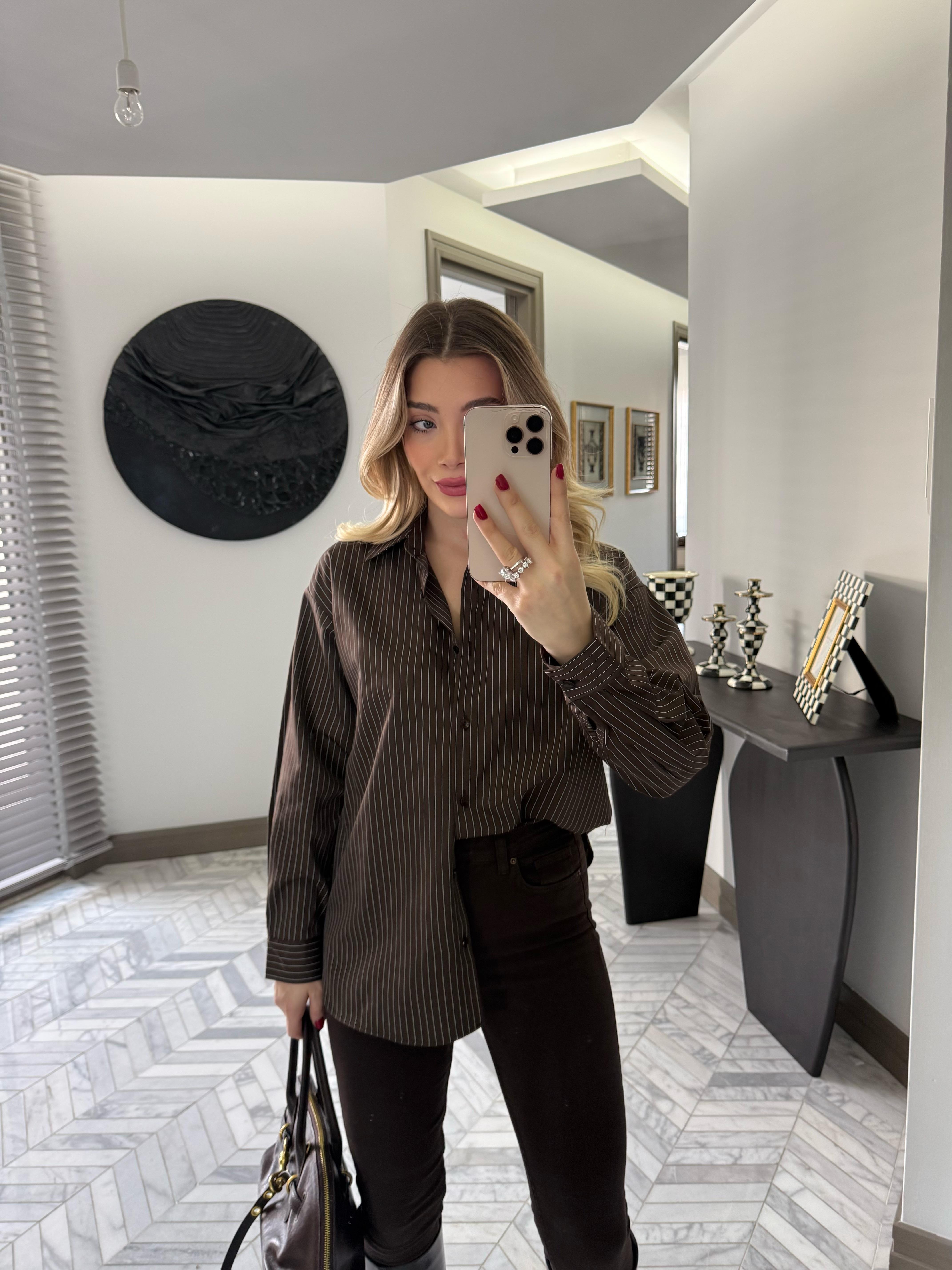 Koyu Kahve Çizgili Oversize Poplin Gömlek-34506