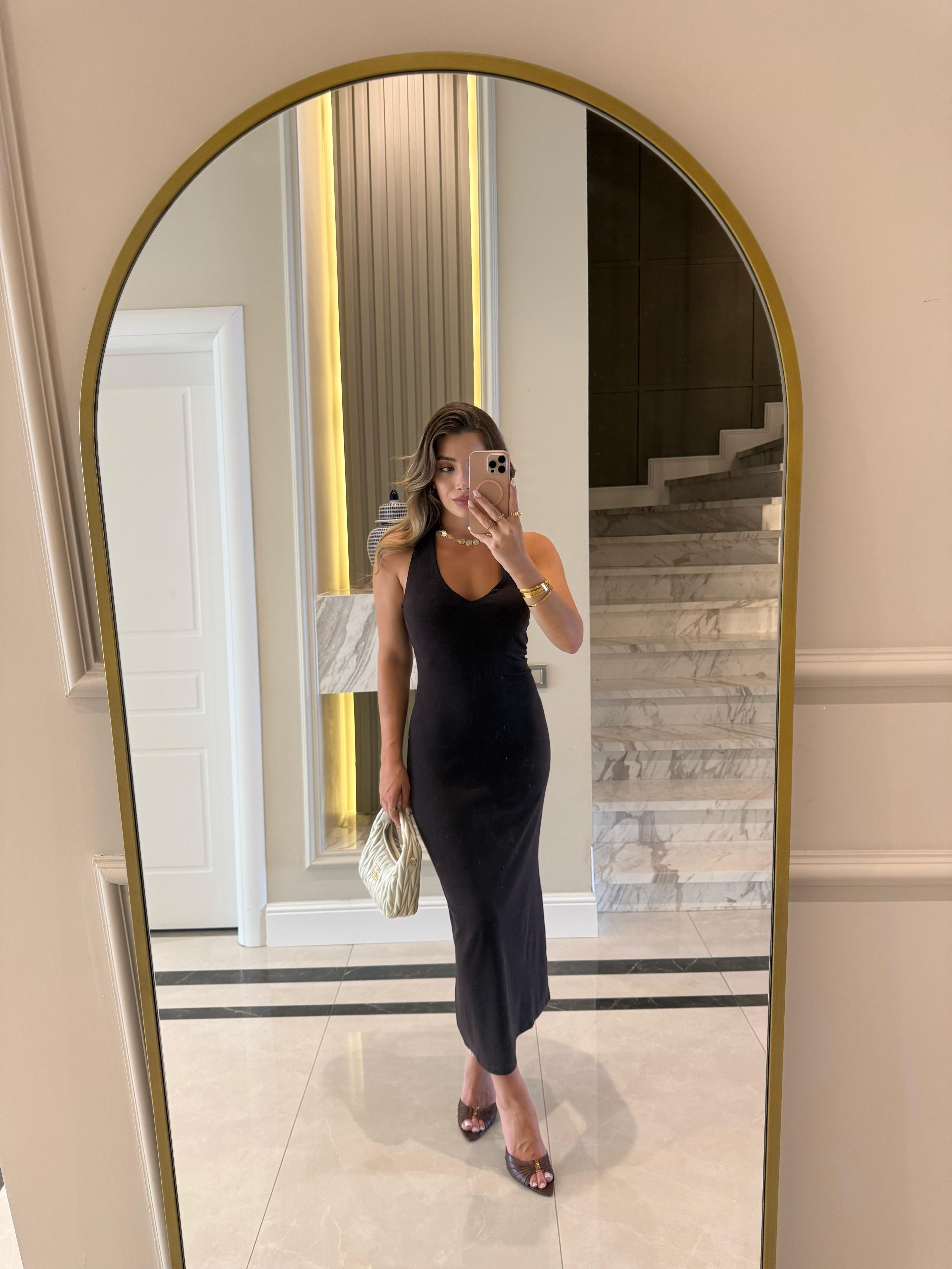 Koyu Kahve Halter Yaka Midi Elbise-91476