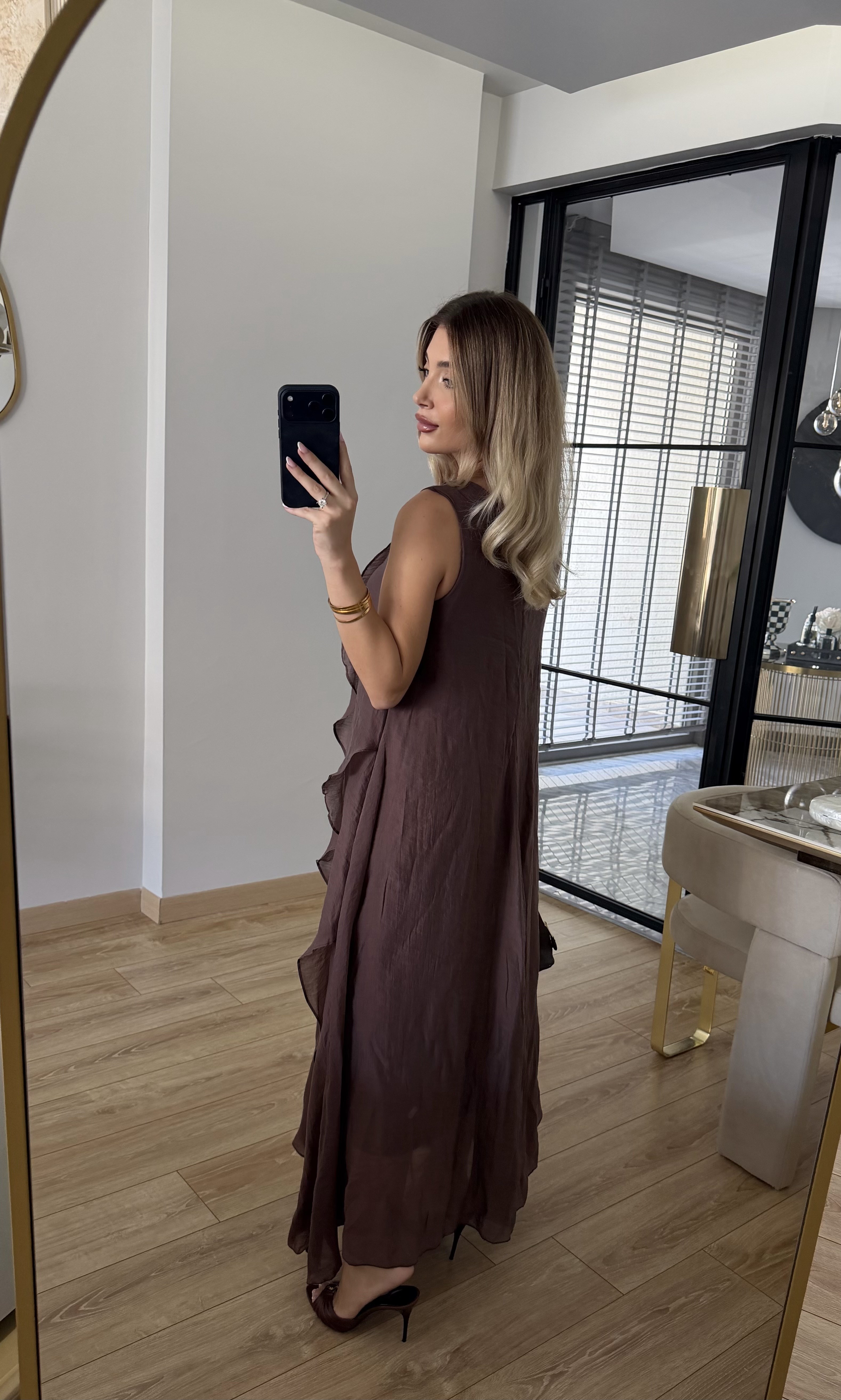 Koyu Kahve Nora Fırfır Detaylı Elbise -3450
