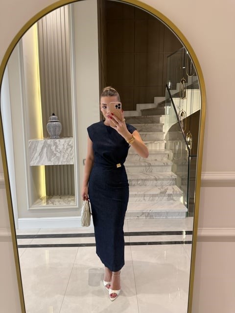 Koyu Lacivert Toka Detaylı Denim Elbise 