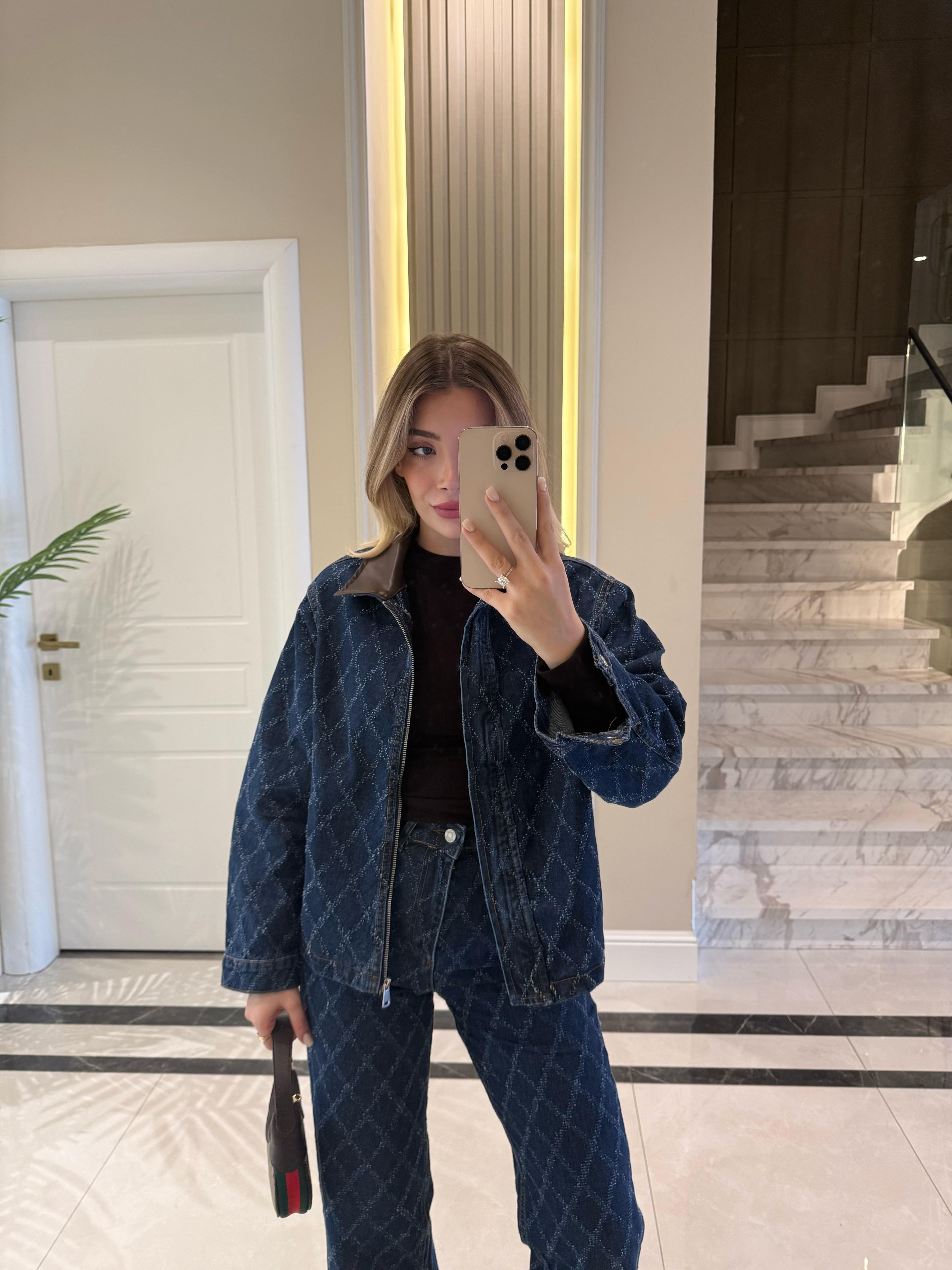 Koyu Mavi Denim Baklava Desenli Desenli Yaka Ceket- Pantolon Takım