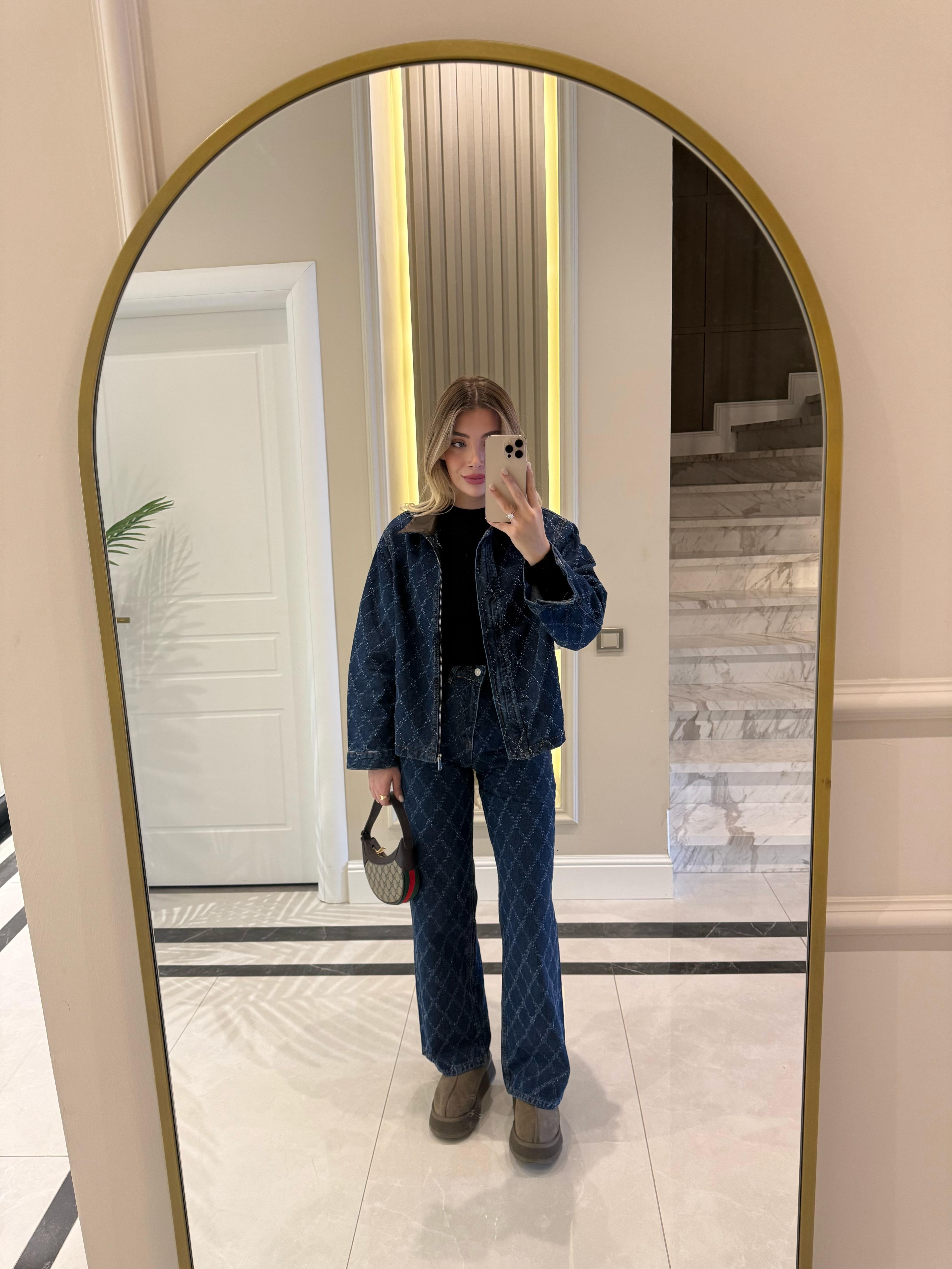 Koyu Mavi Denim Baklava Desenli Desenli Yaka Ceket- Pantolon Takım