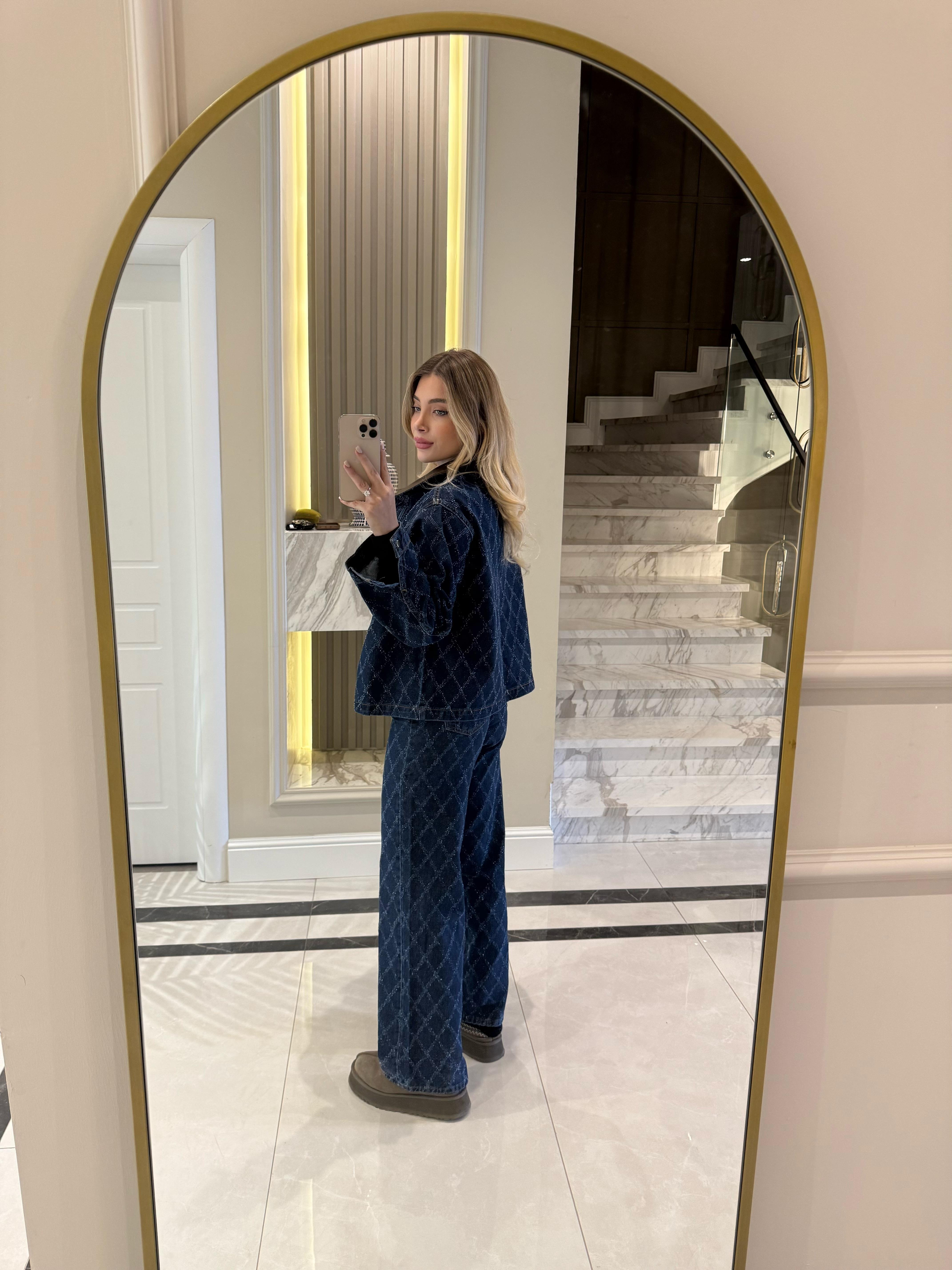 Koyu Mavi Denim Baklava Desenli Desenli Yaka Ceket- Pantolon Takım