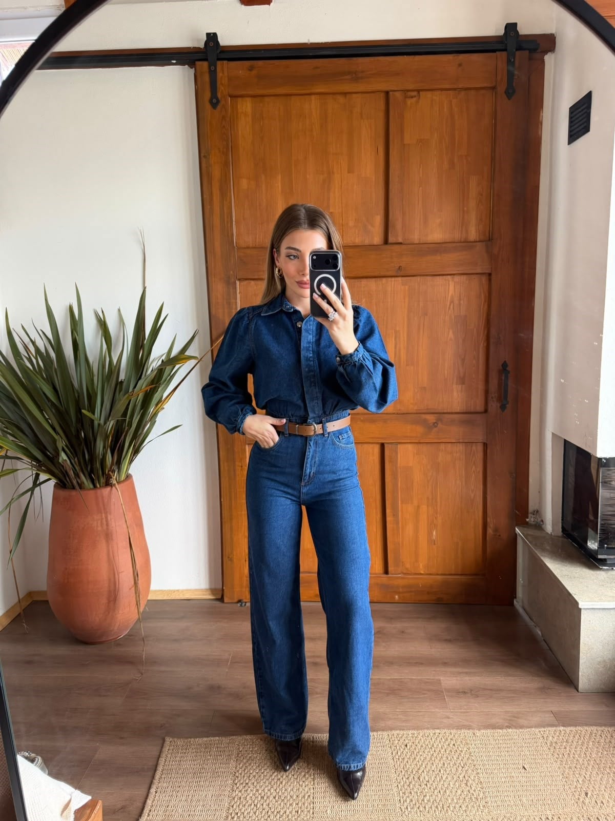 Koyu Mavi Denim Kemerli Tulum