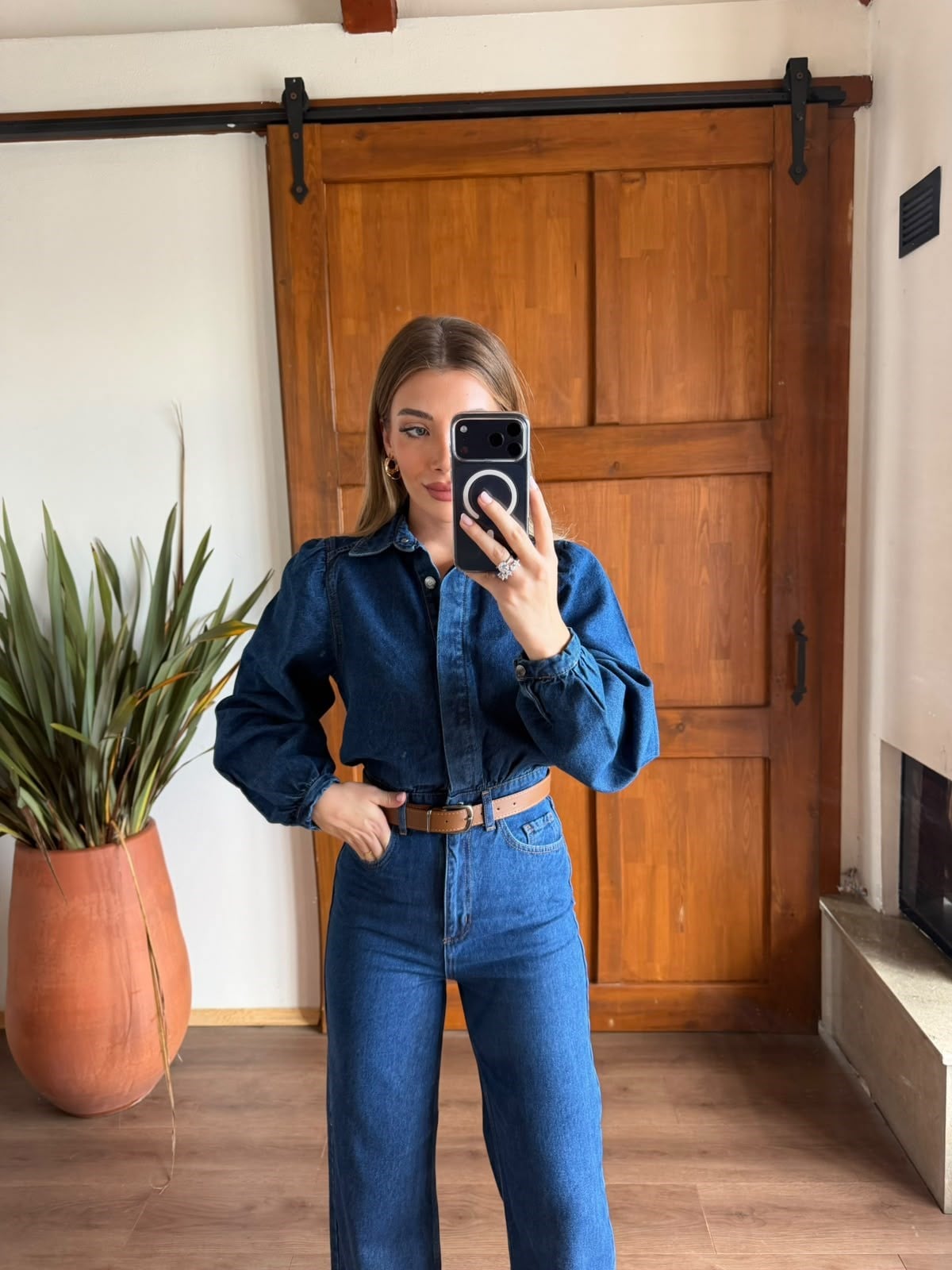 Koyu Mavi Denim Kemerli Tulum