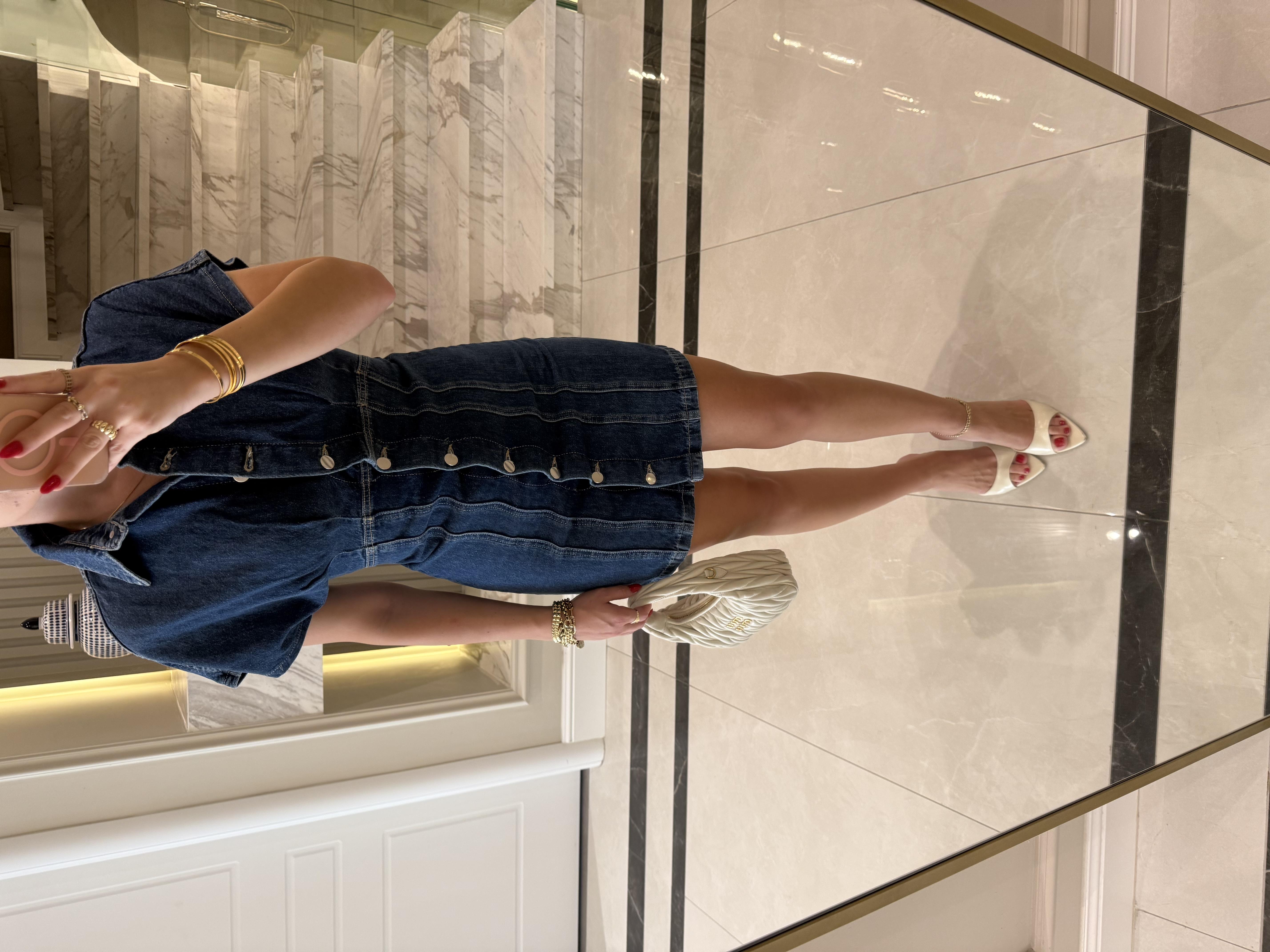 Koyu Mavi Düğmeli Kısa Denim Elbise