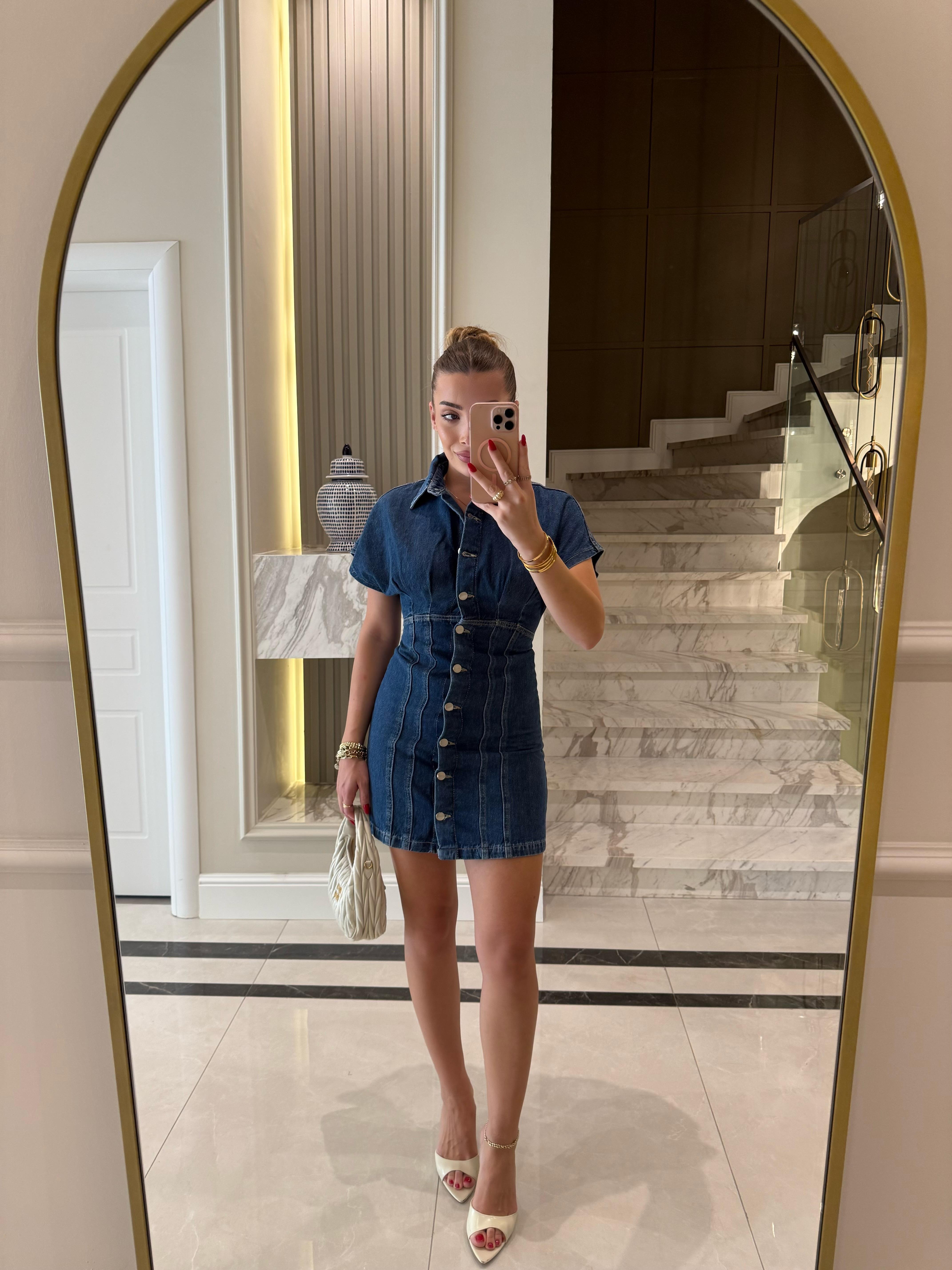 Koyu Mavi Düğmeli Kısa Denim Elbise