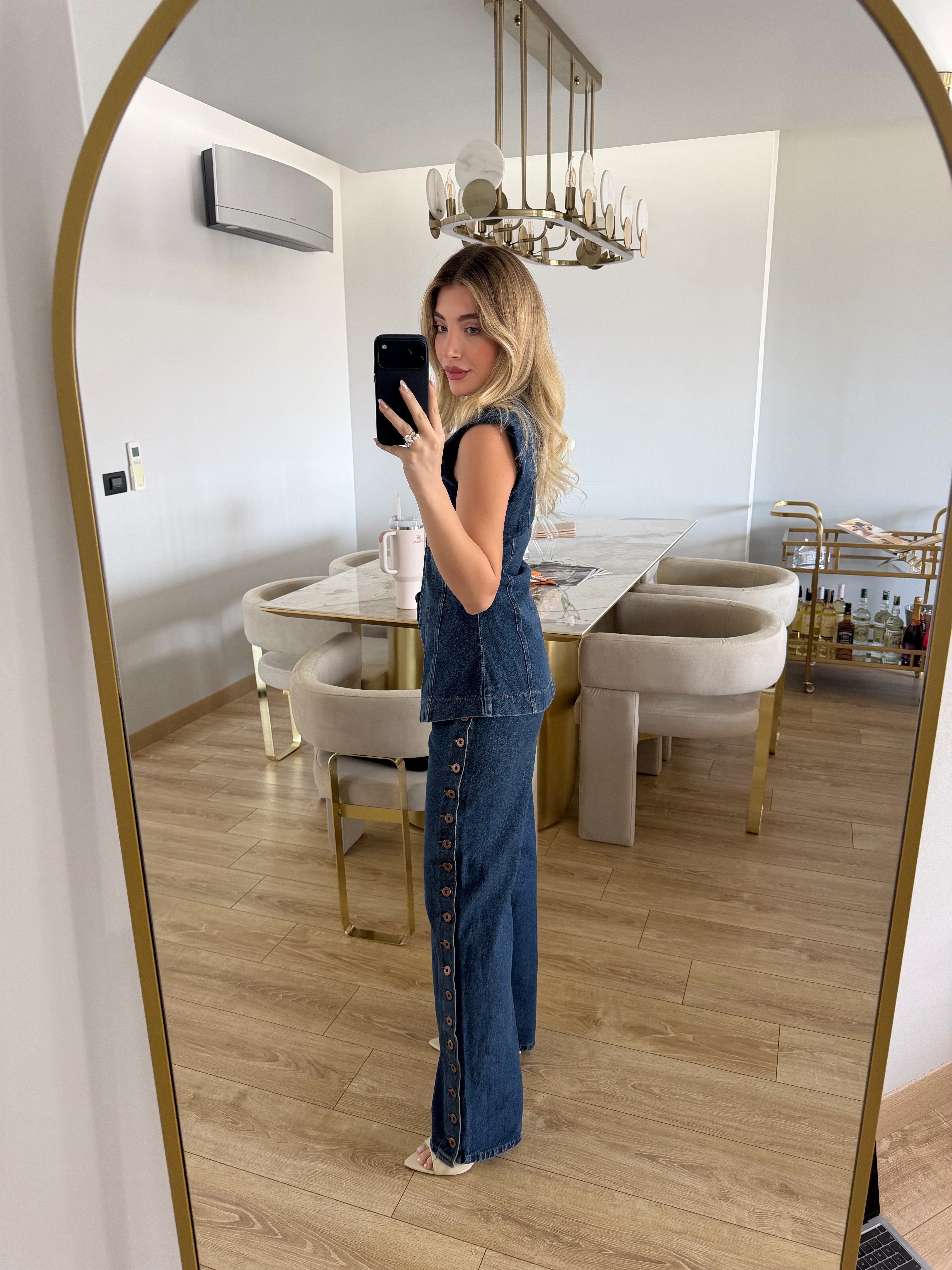 Koyu Mavi Düğmeli Yelek-Pantolon Denim Takım