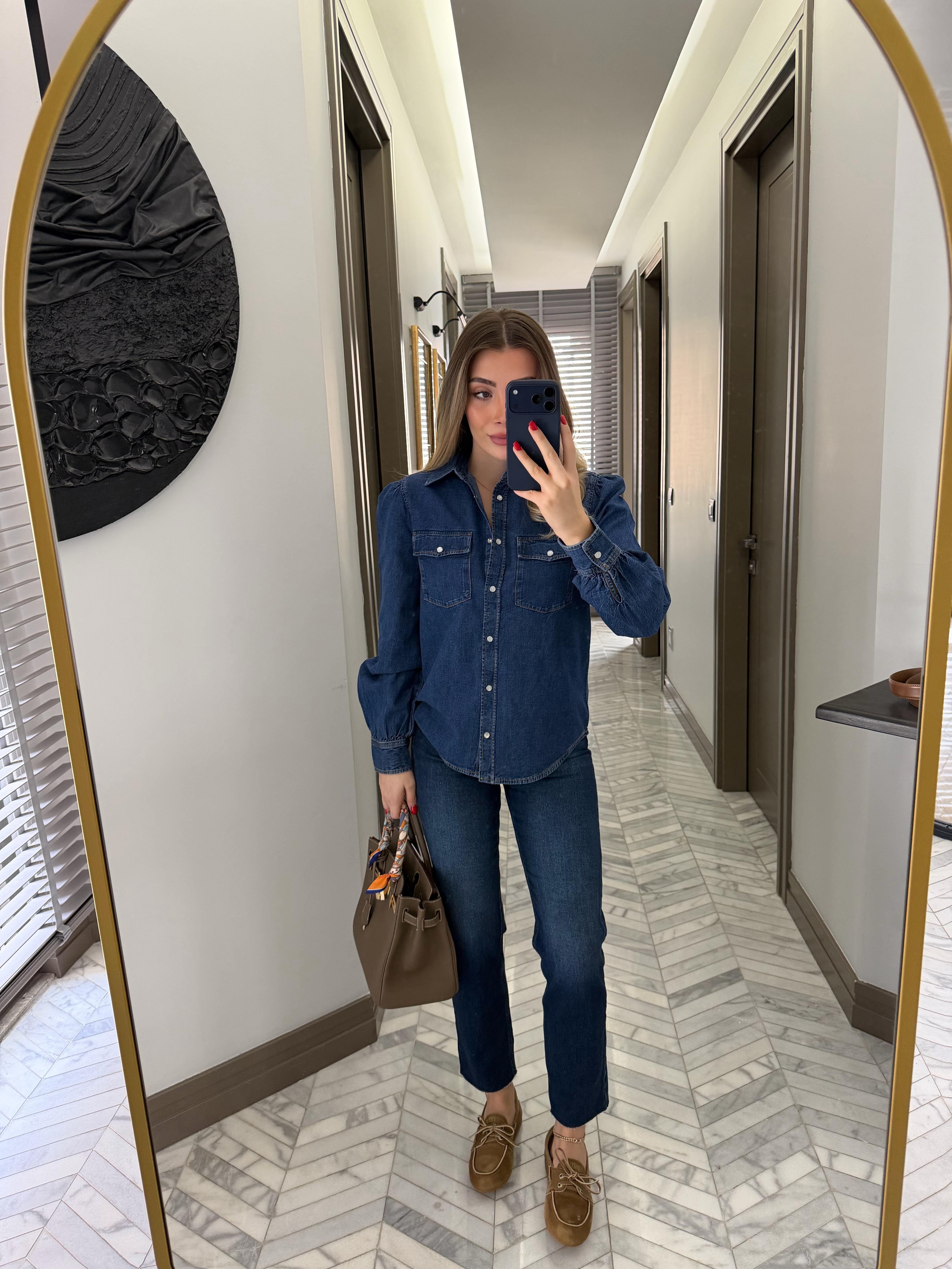 Koyu Mavi Karpuz Kol Denim Gömlek