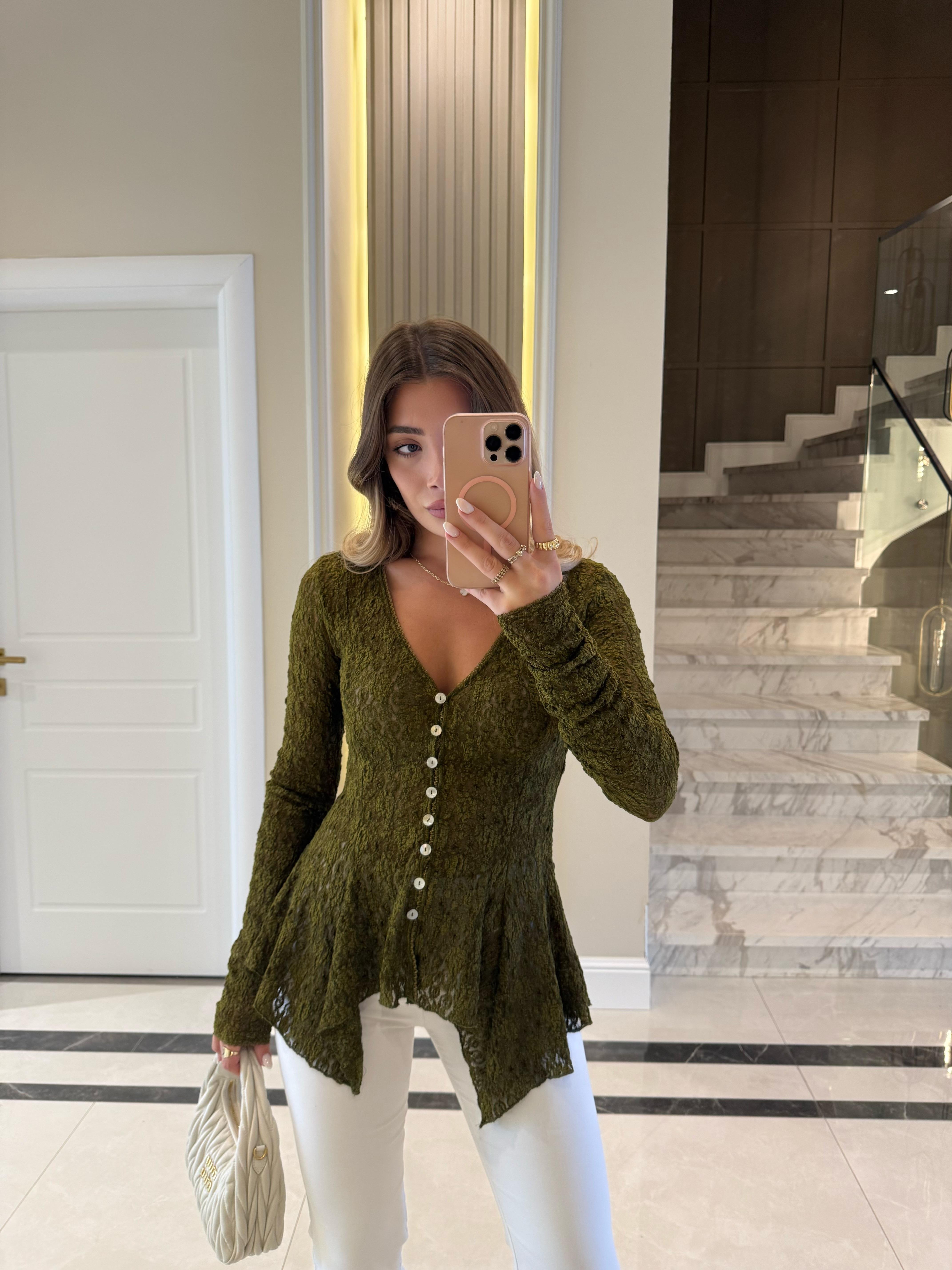 Koyu Yağ Yeşili  Düğmeli Peplum Dantel Hırka