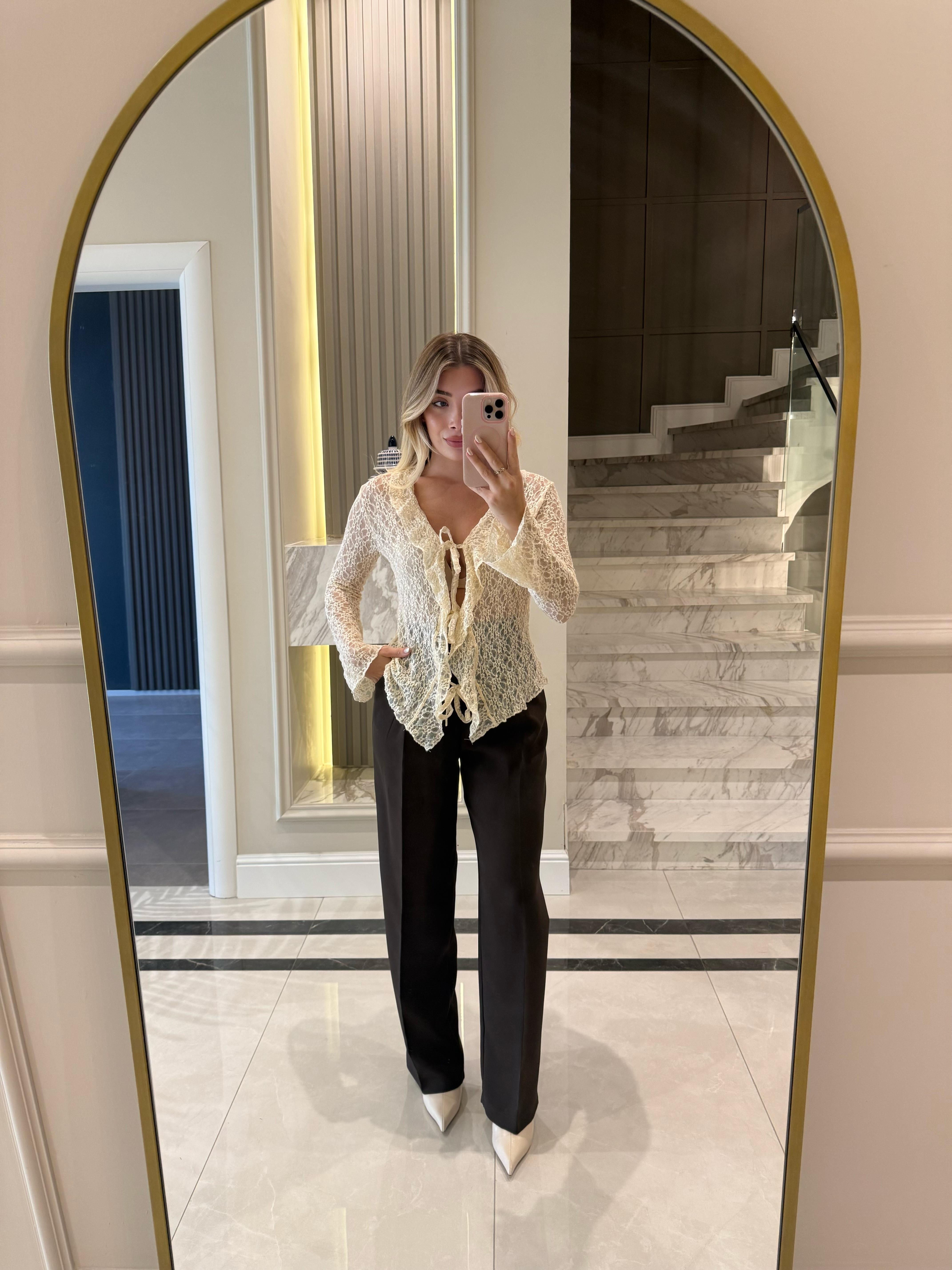 Krem  Önü Bağlamalı Transparan Bluz -1012