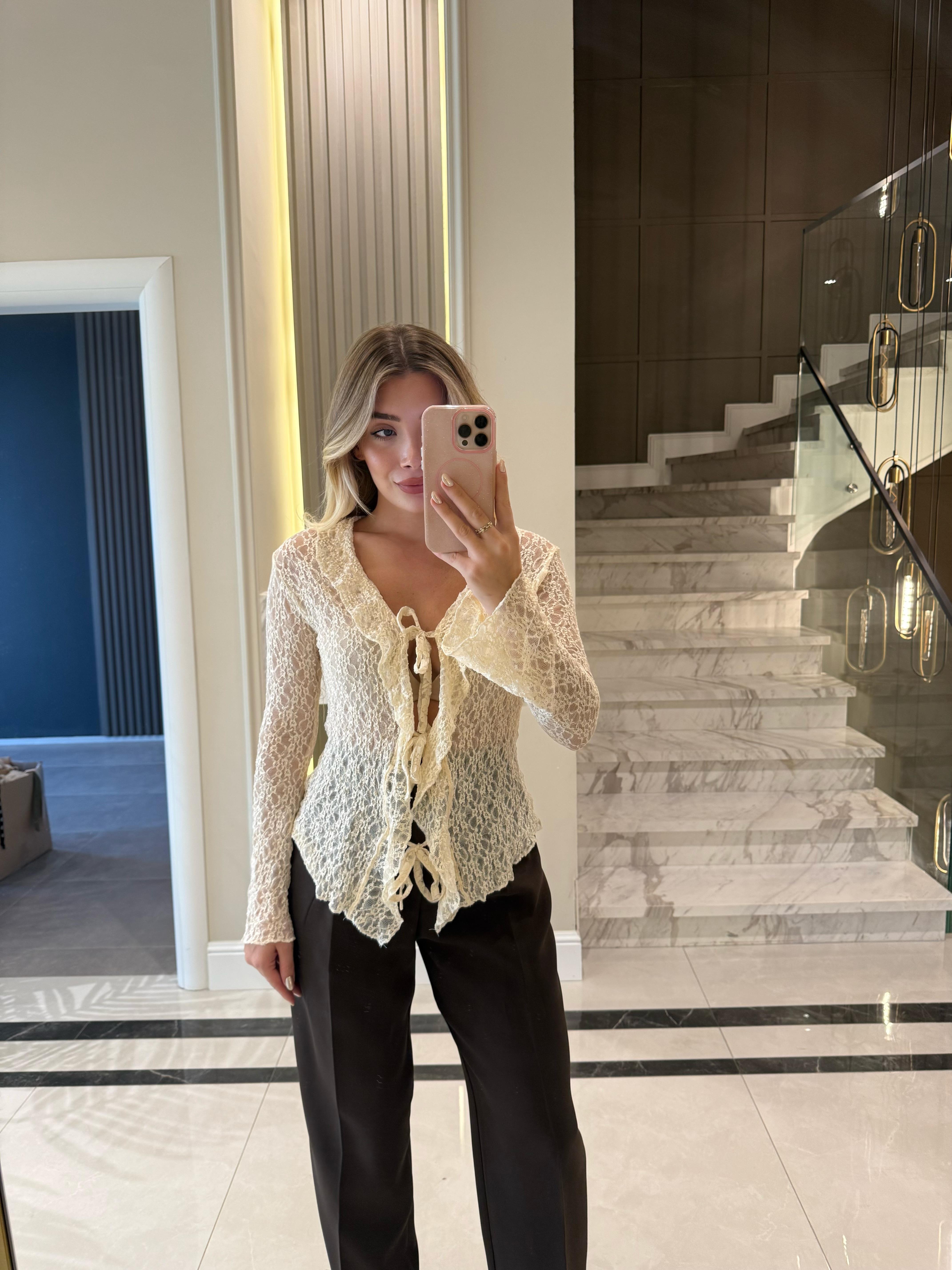 Krem  Önü Bağlamalı Transparan Bluz -1012