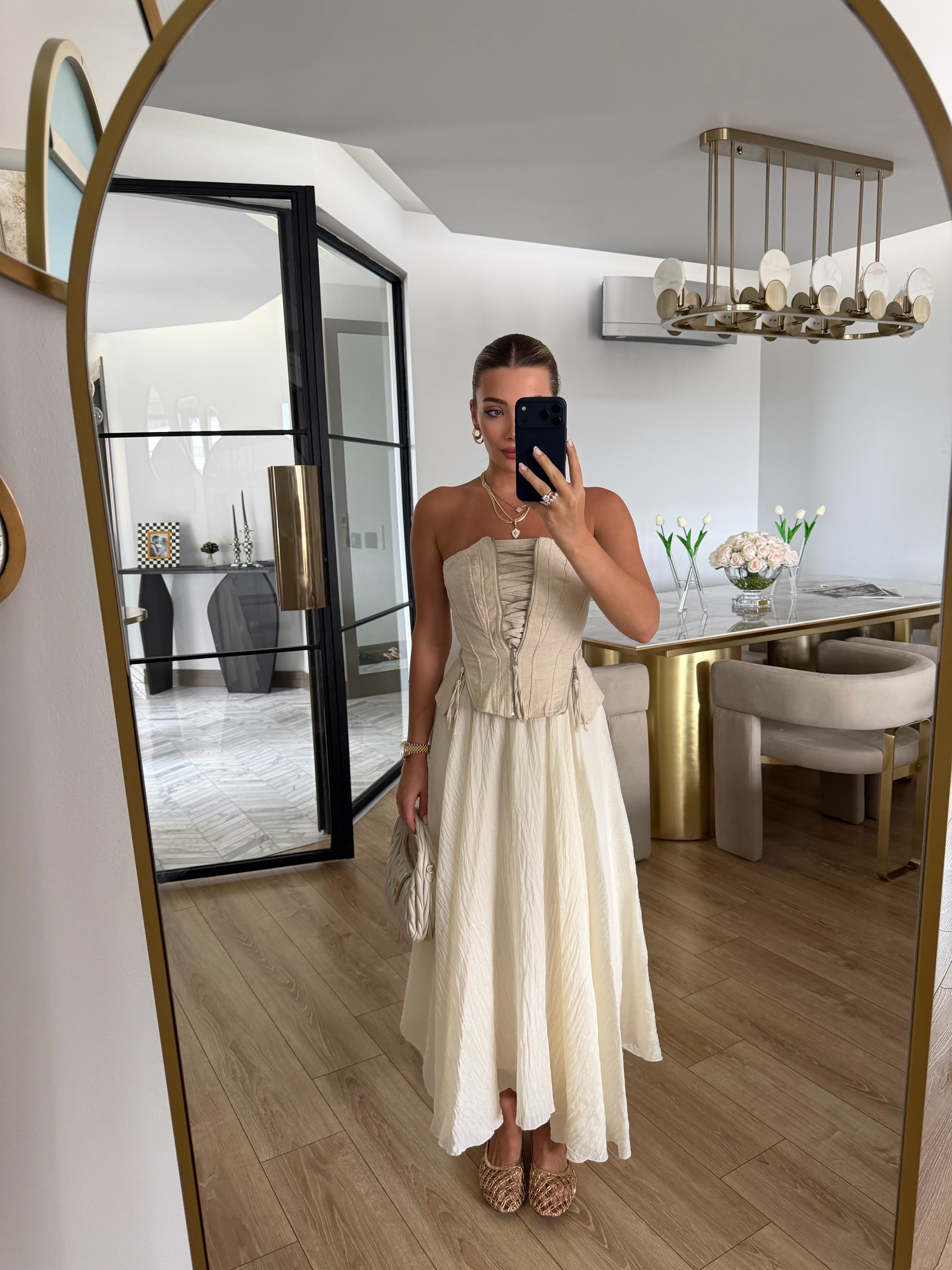 Krem Rengi Kraşlı Buruşuk Etek-1022
