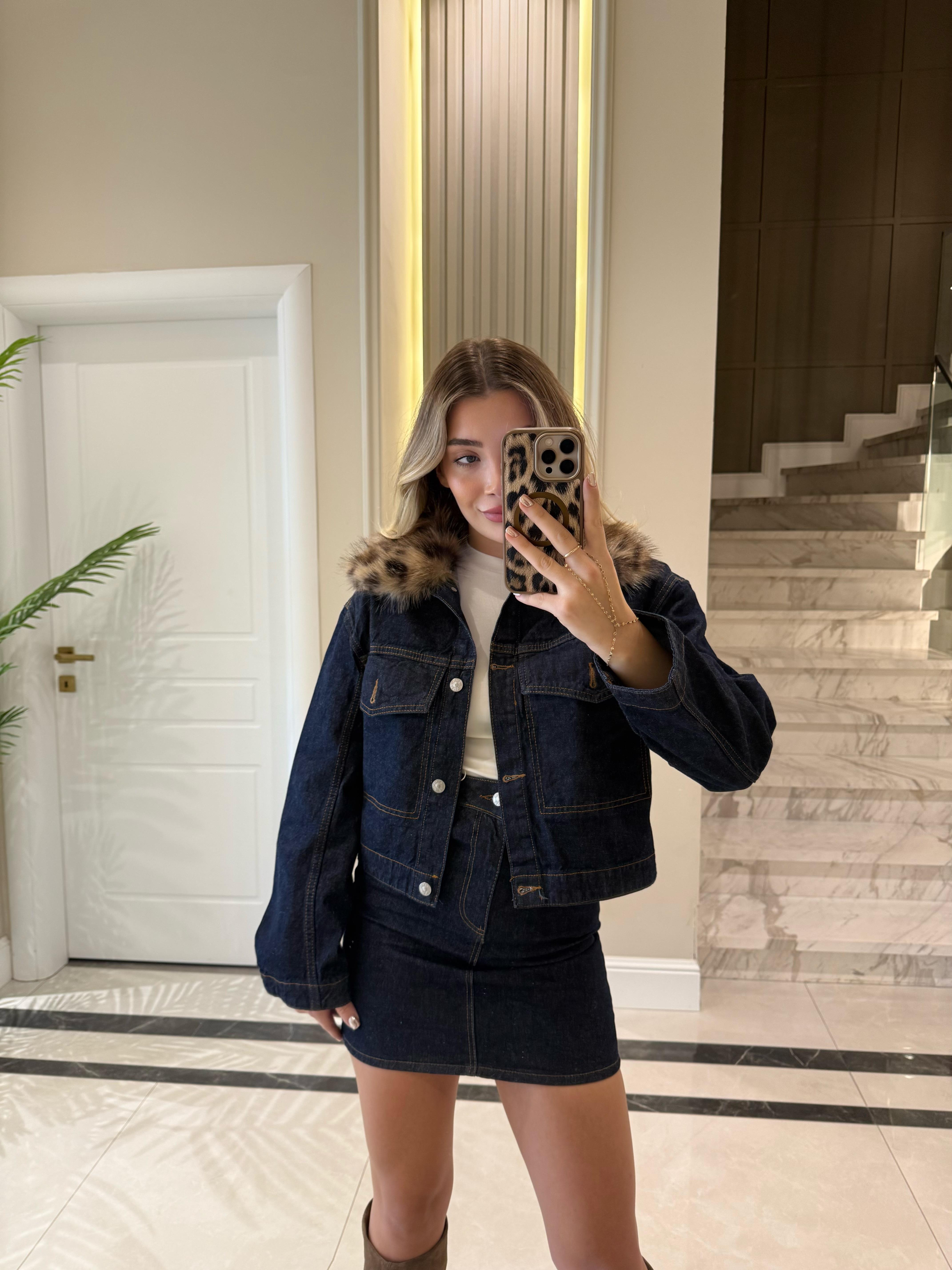 Kürk Yakalı Denim Etek -Ceket İkili Takım
