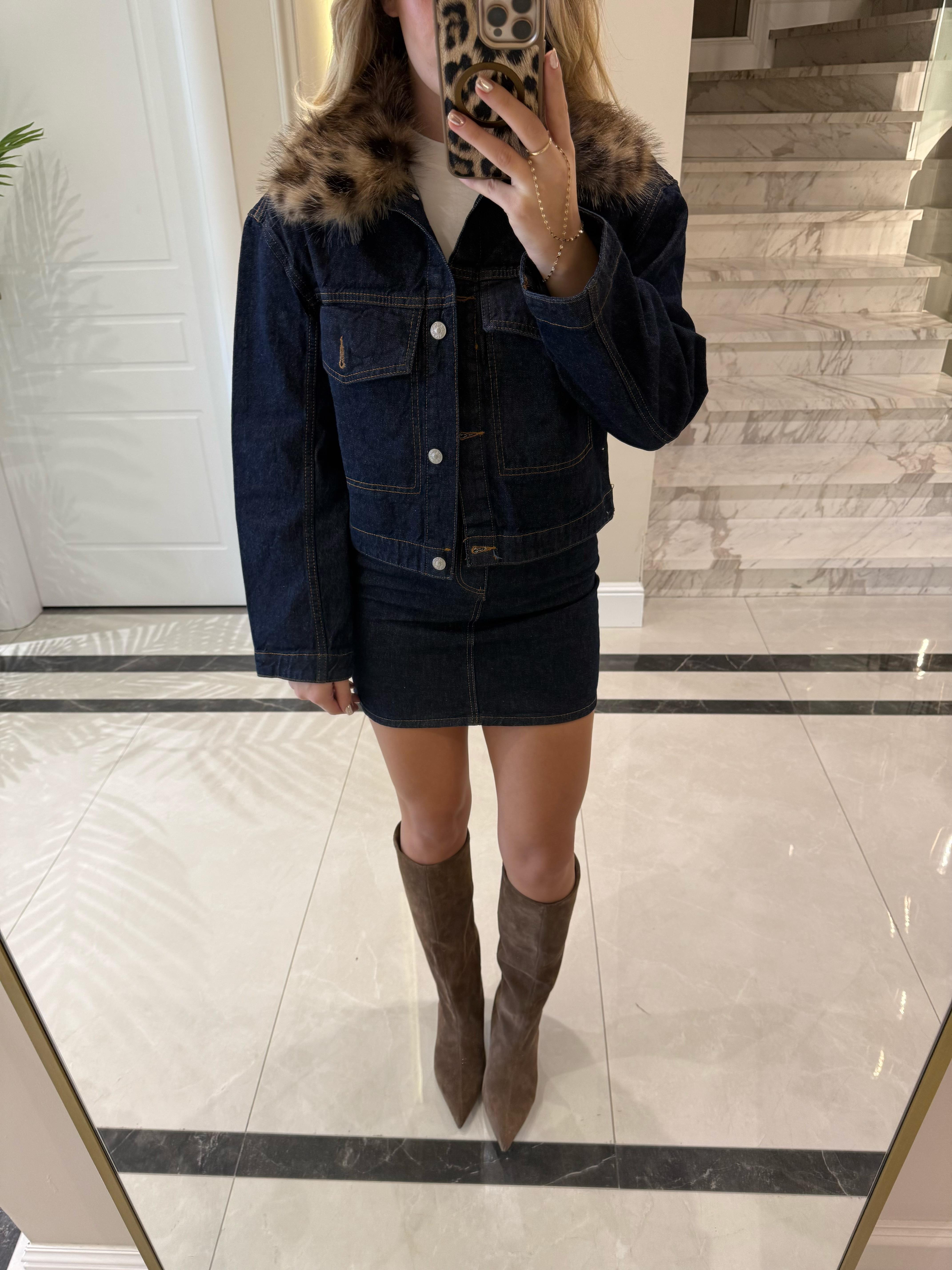 Kürk Yakalı Denim Etek -Ceket İkili Takım