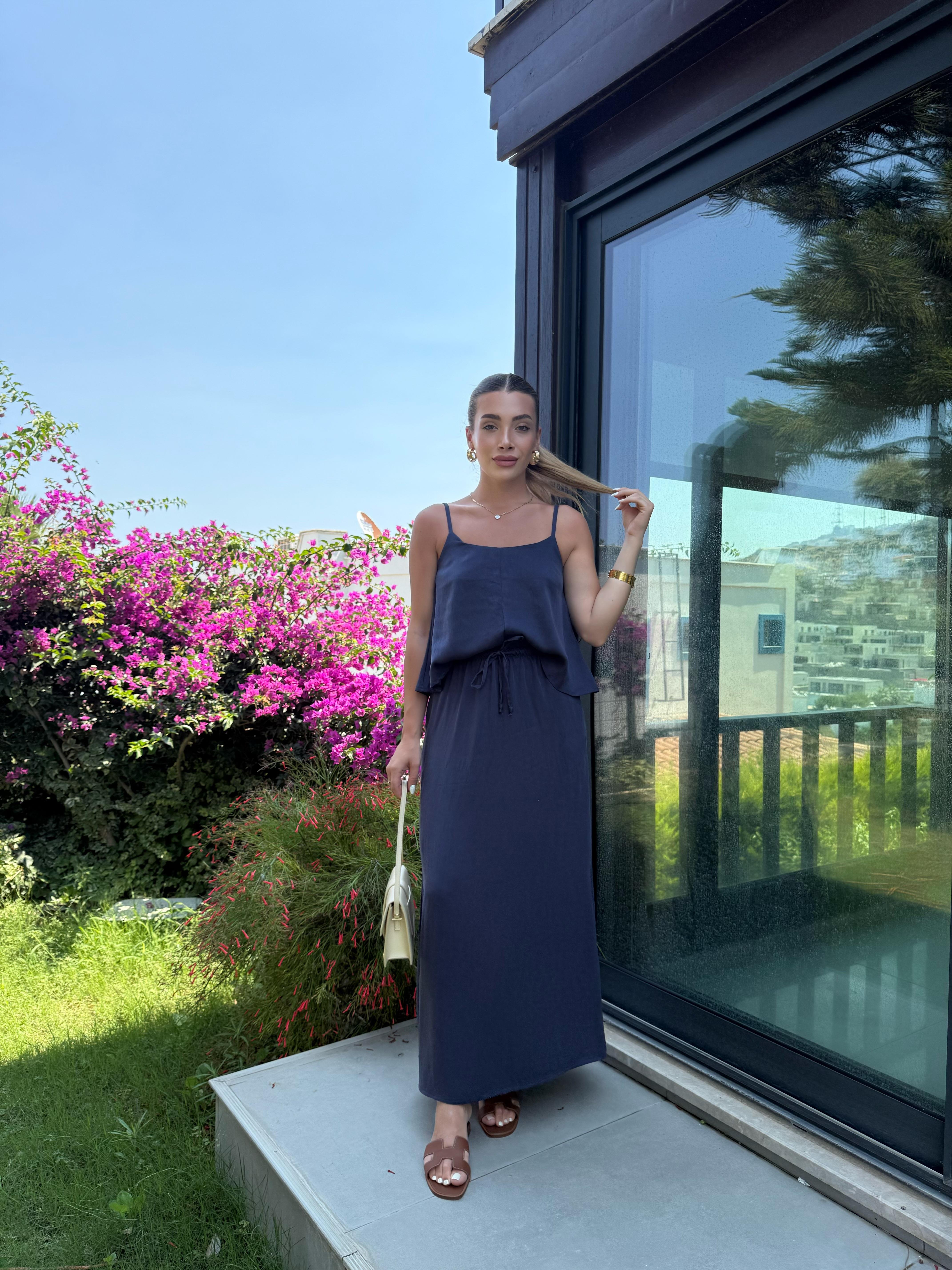 Lacivert  Askılı Bluz Etek Takım-51165