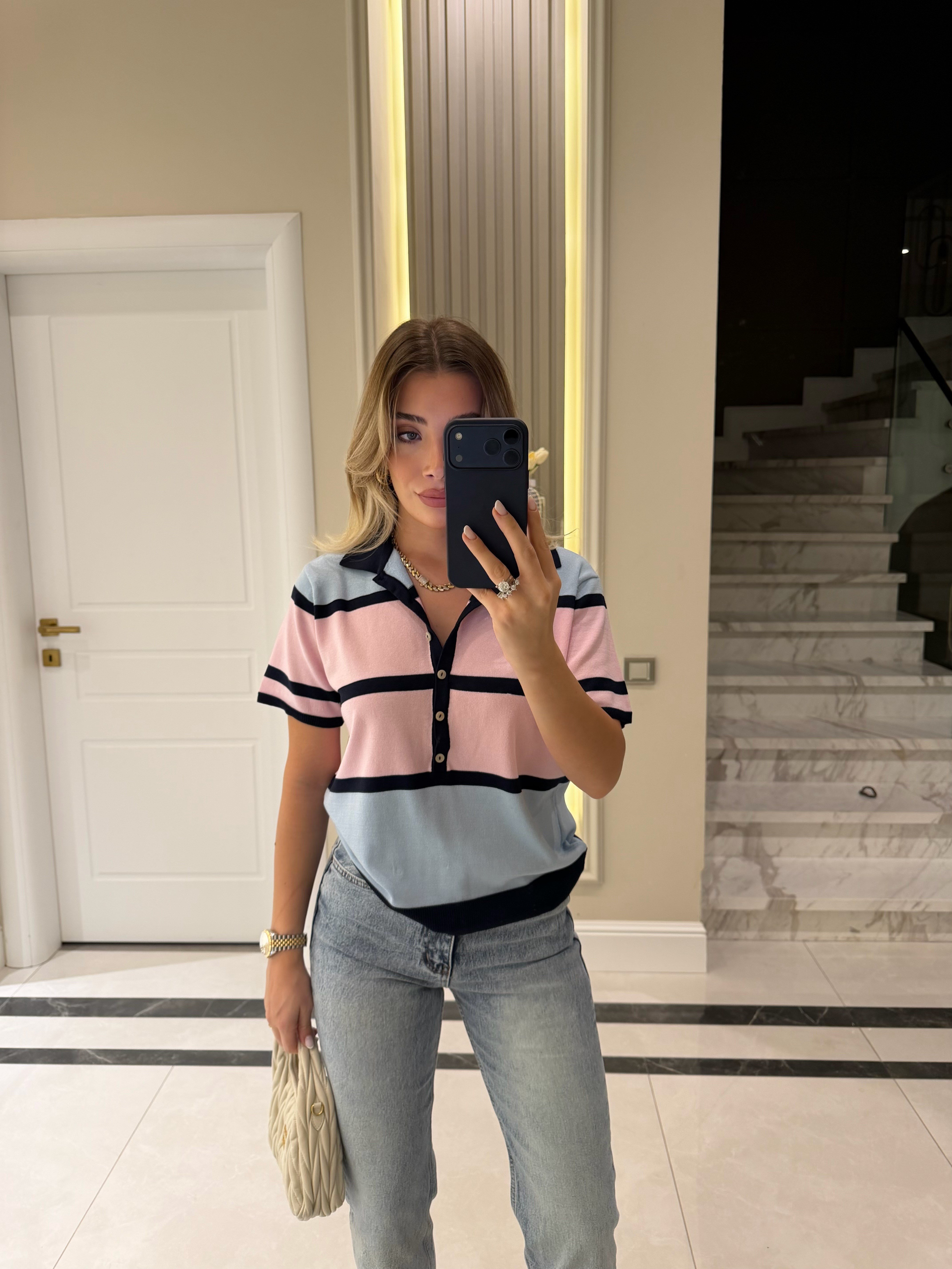 Lacivert Çizgili Polo Yaka Triko Kazak - 5469