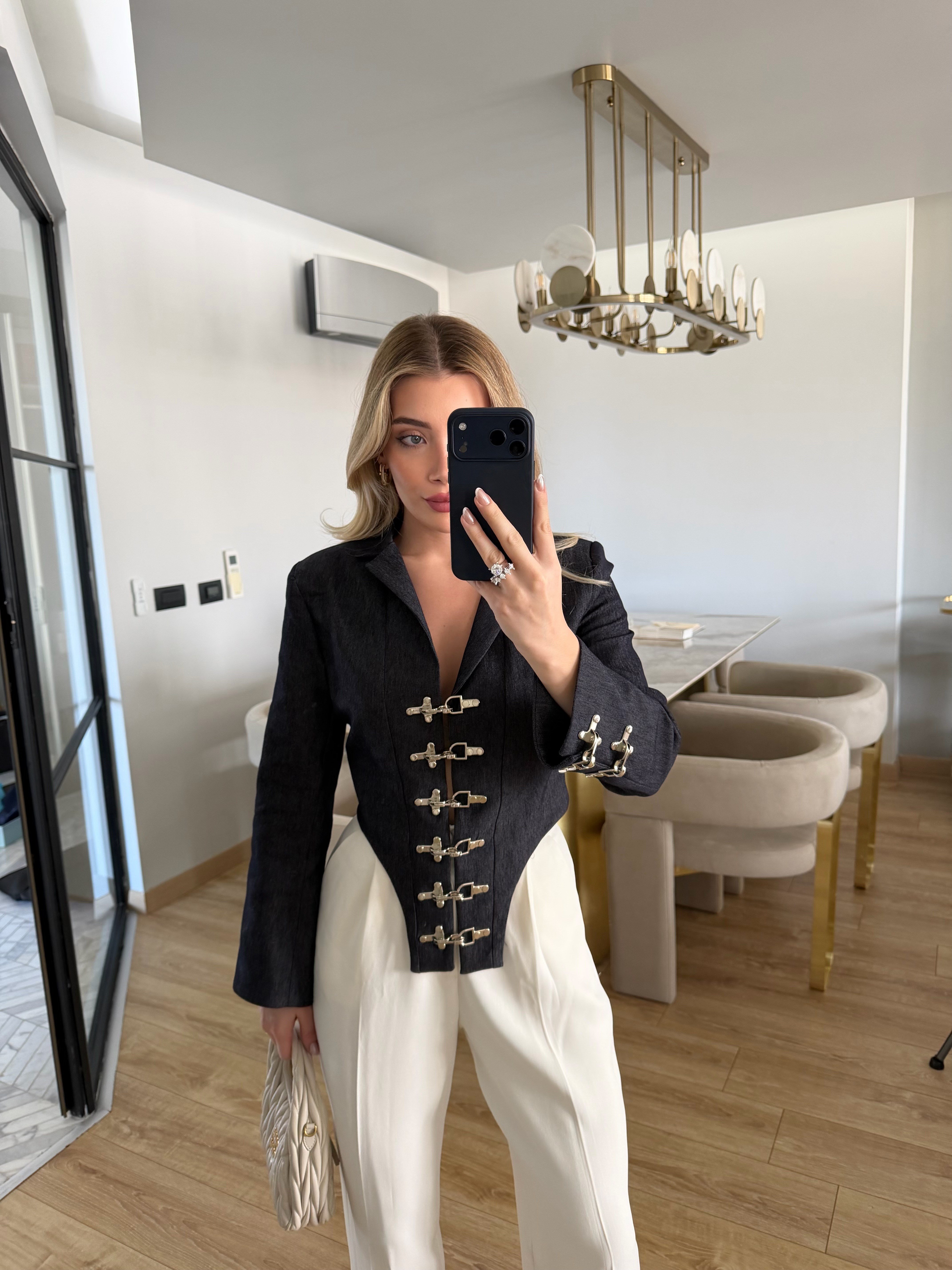 Lacivert Denim Agraflı Tasarım Ceket-7916