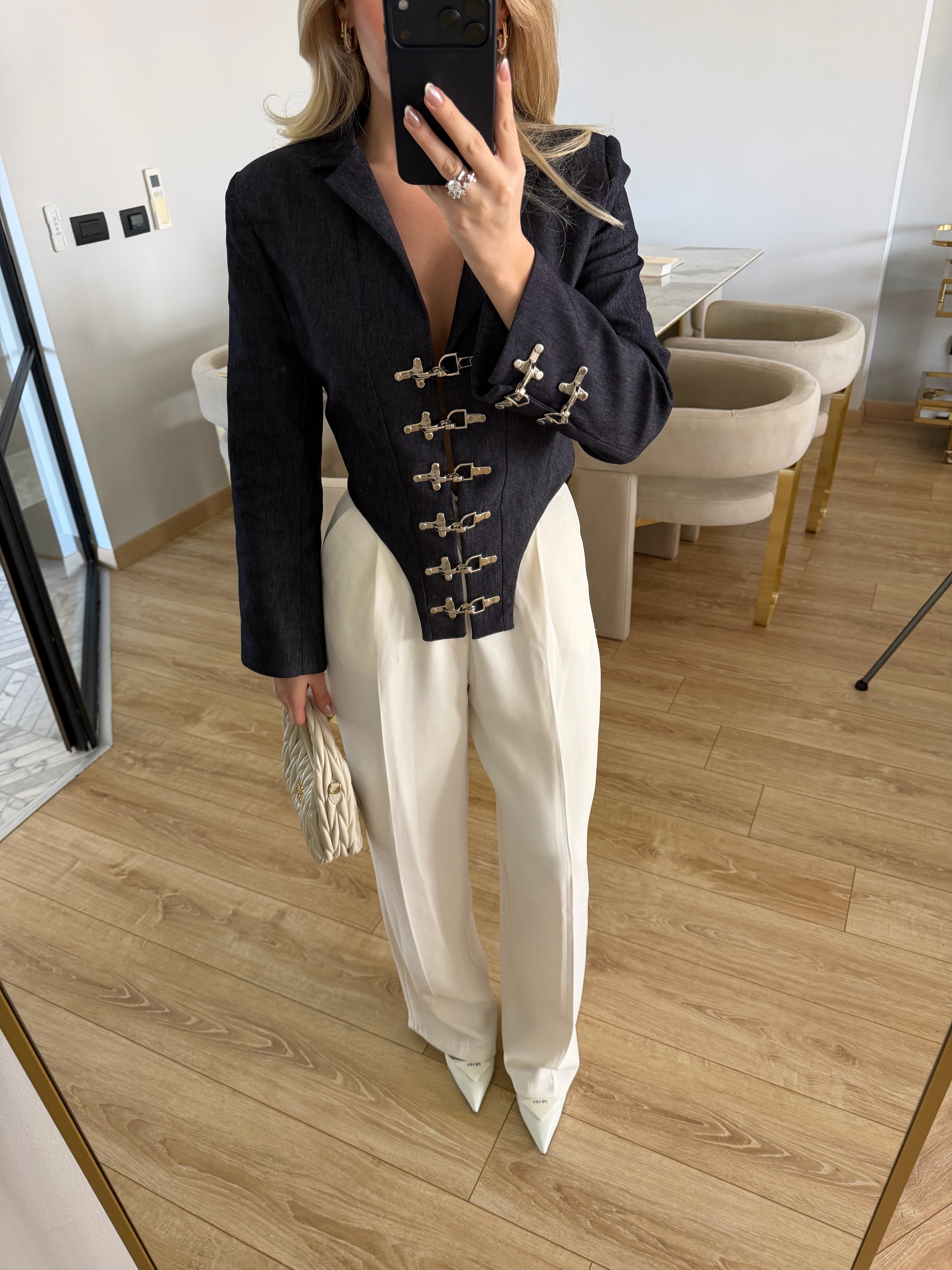 Lacivert Denim Agraflı Tasarım Ceket-7916