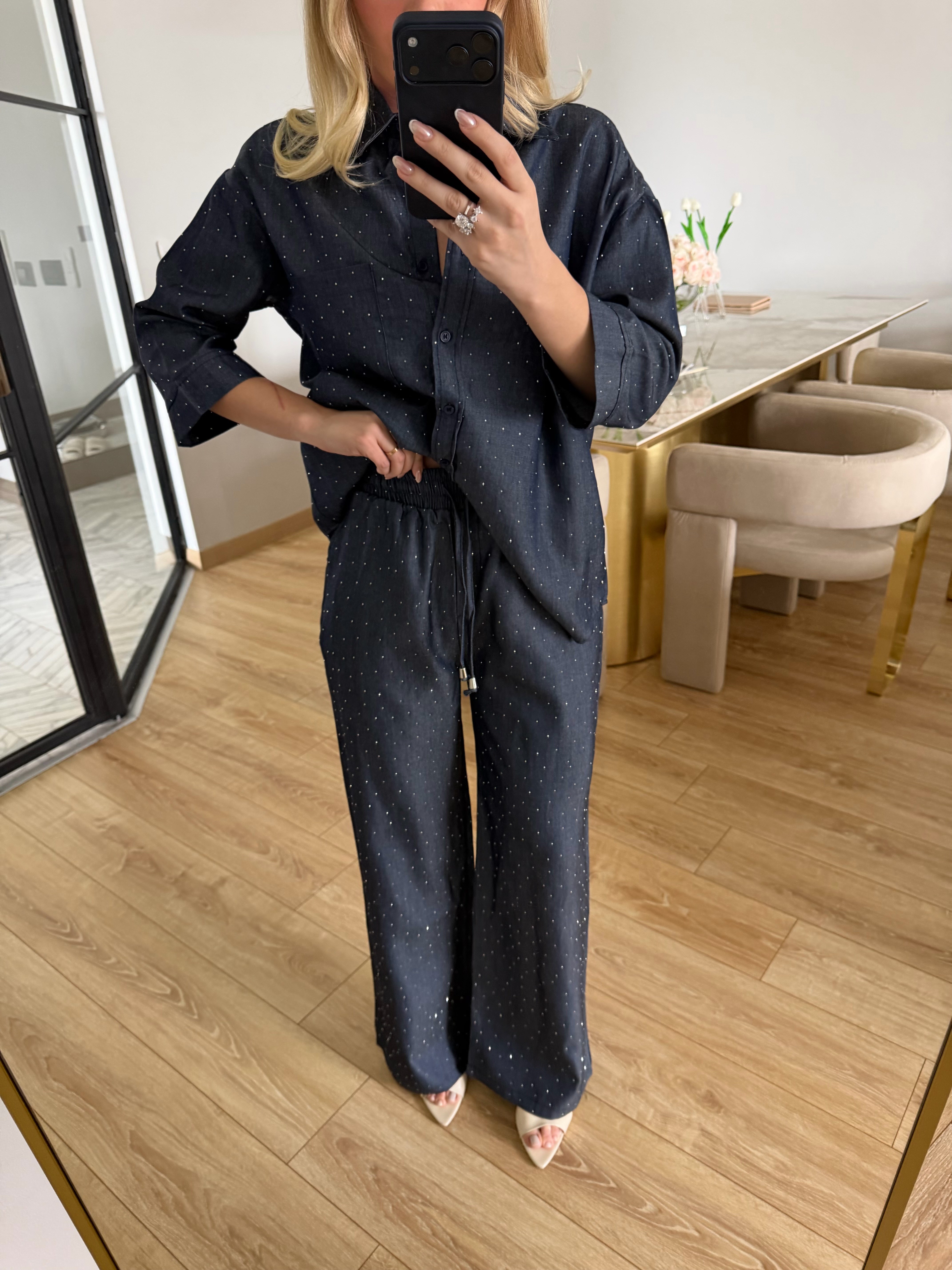 Lacivert Denim Efektli Tensel Taşlı Takım 37464