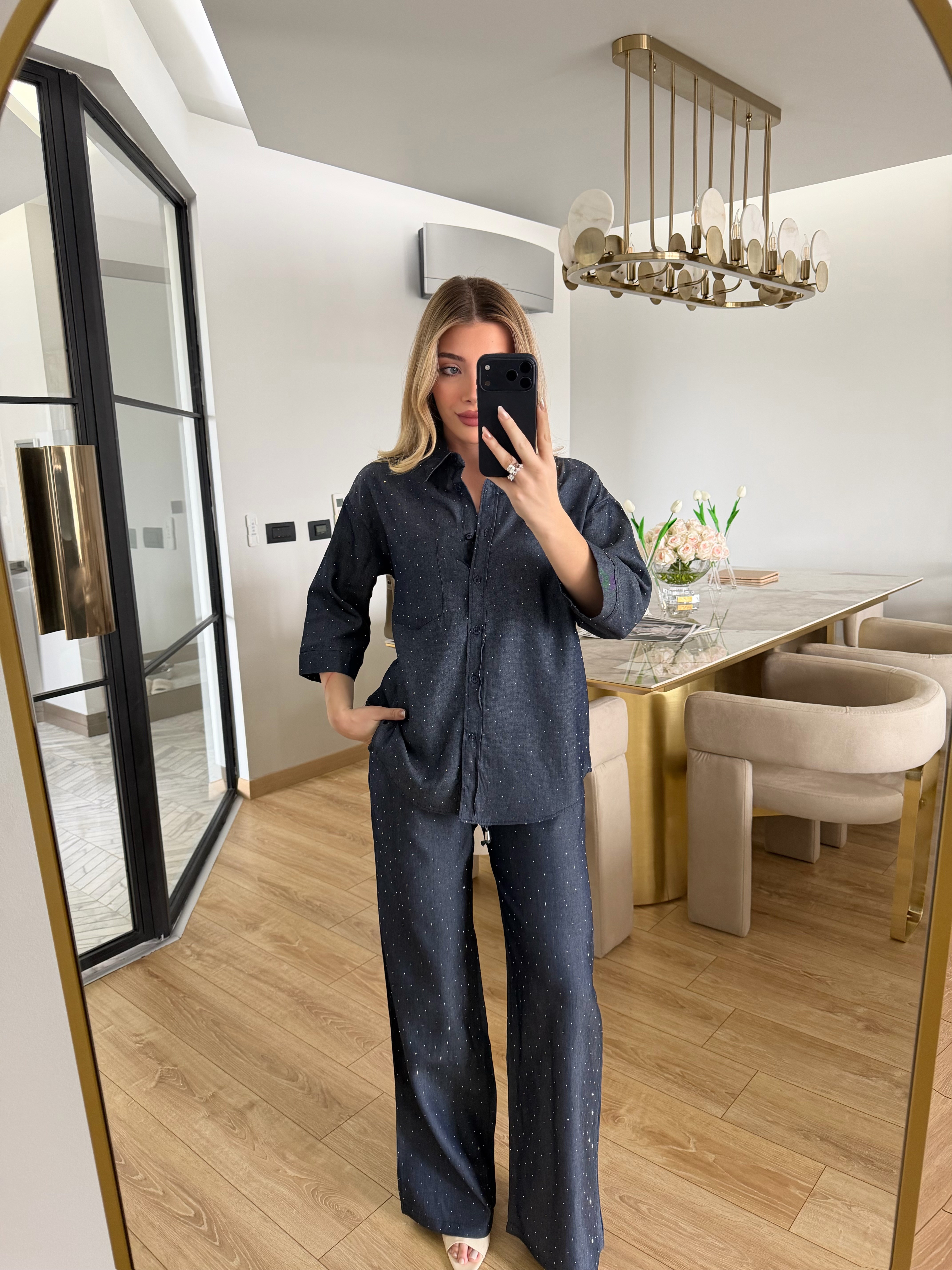 Lacivert Denim Efektli Tensel Taşlı Takım 37464